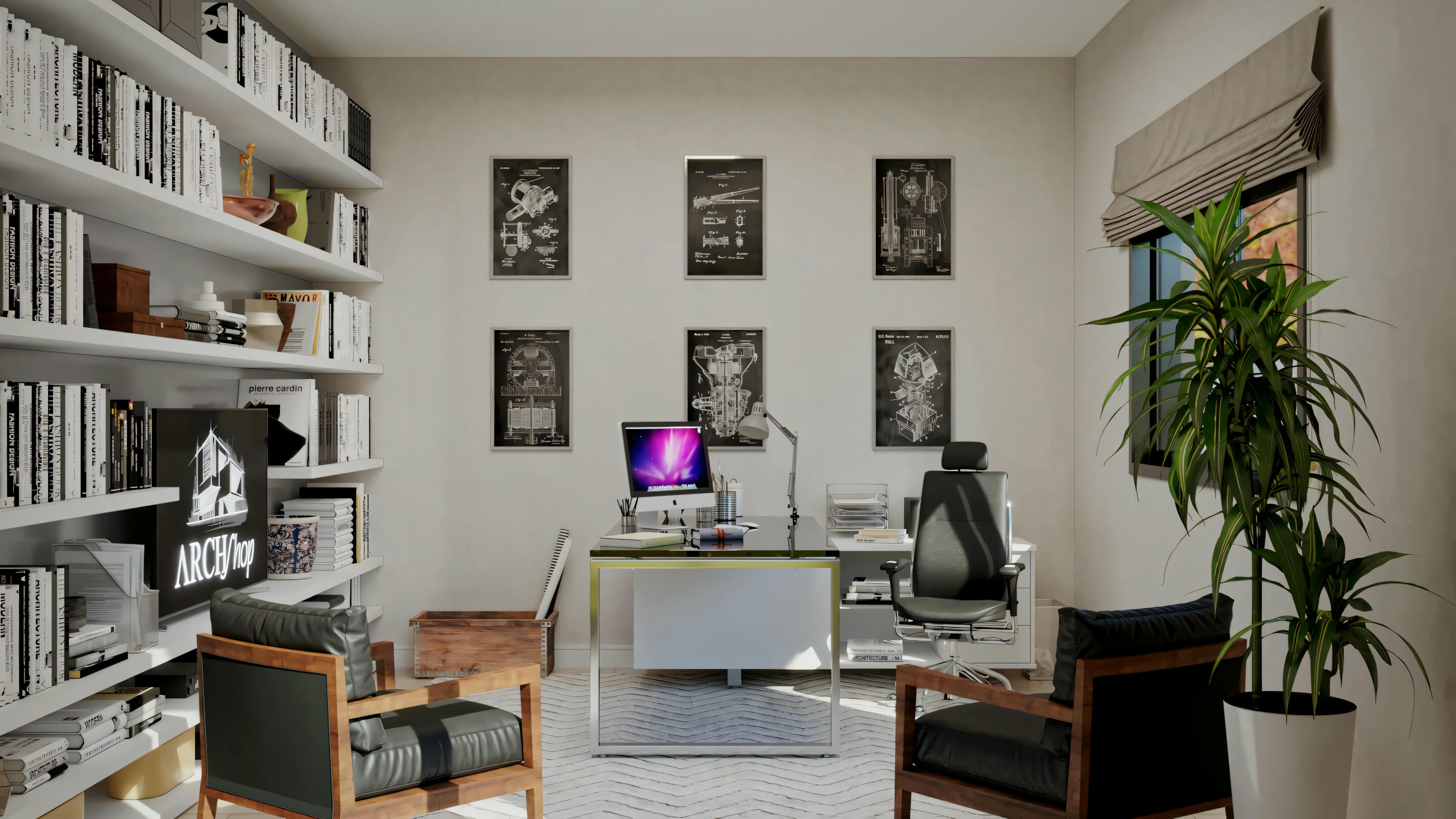 Office with a large bookshelf, desk with a computer, and several framed photos on the wall.