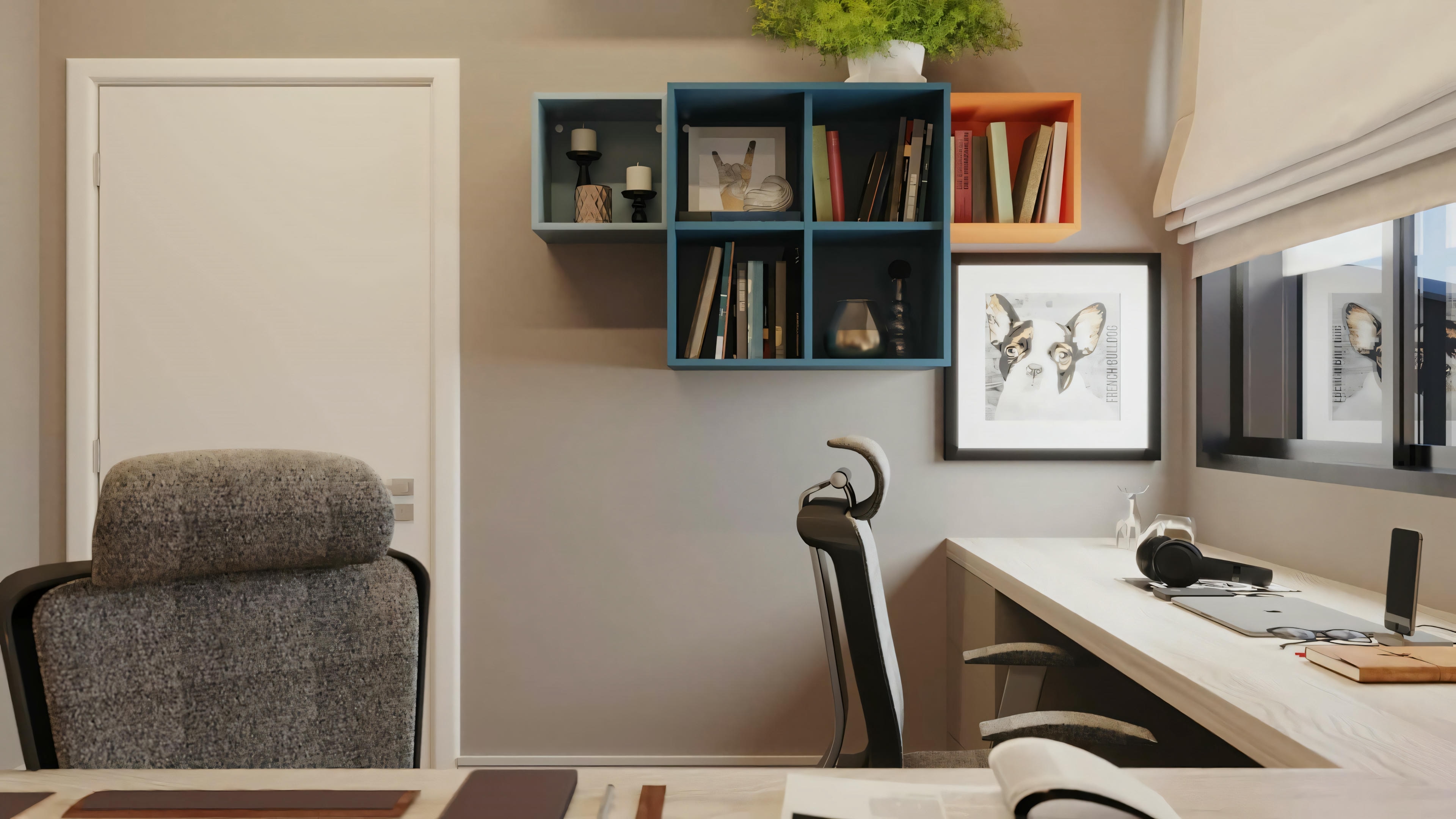 Office space with desk and chair.