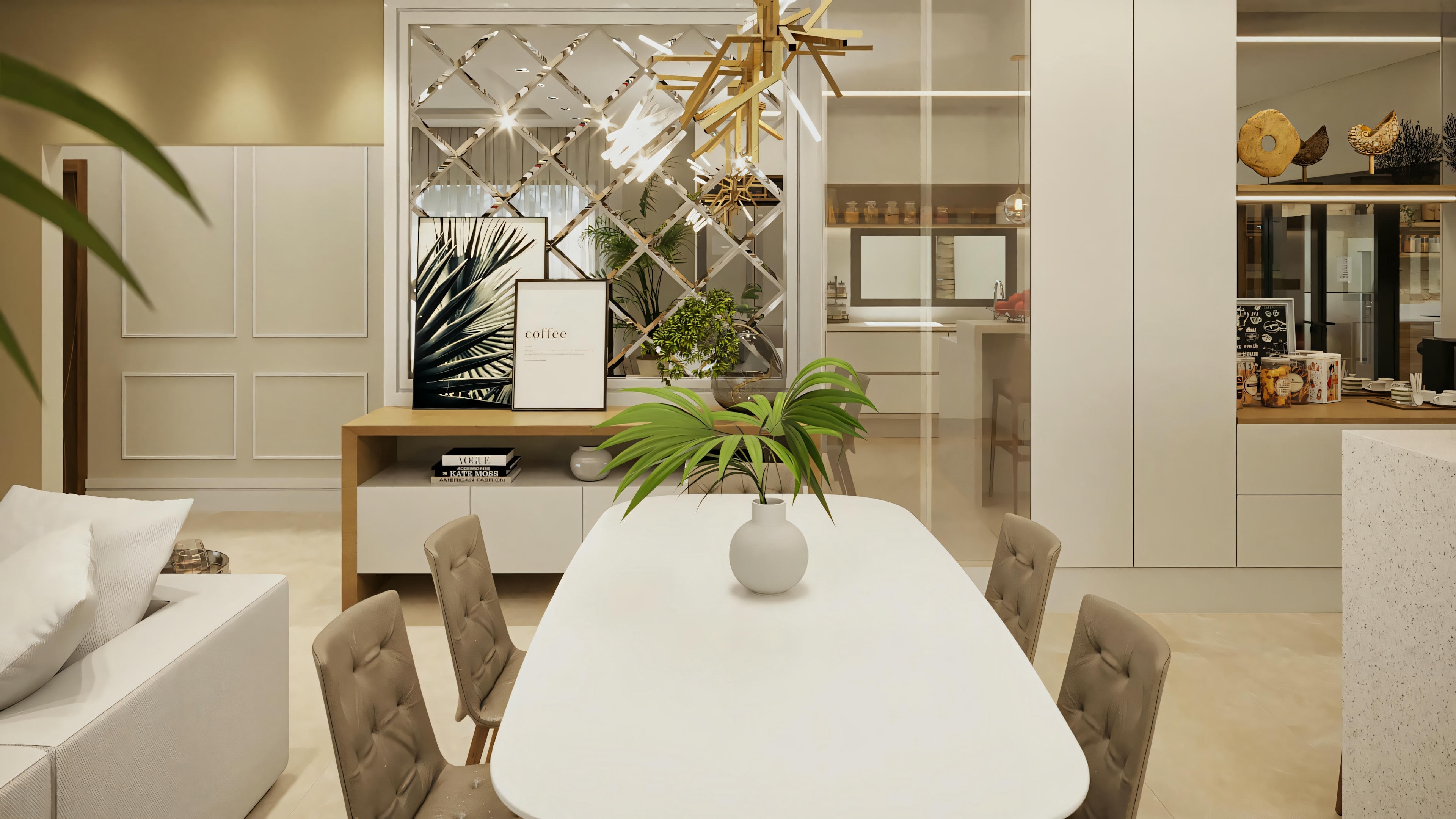 Vista da sala de jantar no projeto pronto de casa térrea com 2 suítes (170.8m²). Foco na decoração com aparador, espelho bisotado ou geométrico e quadros na parede. Design de interiores sofisticado da área social integrada.