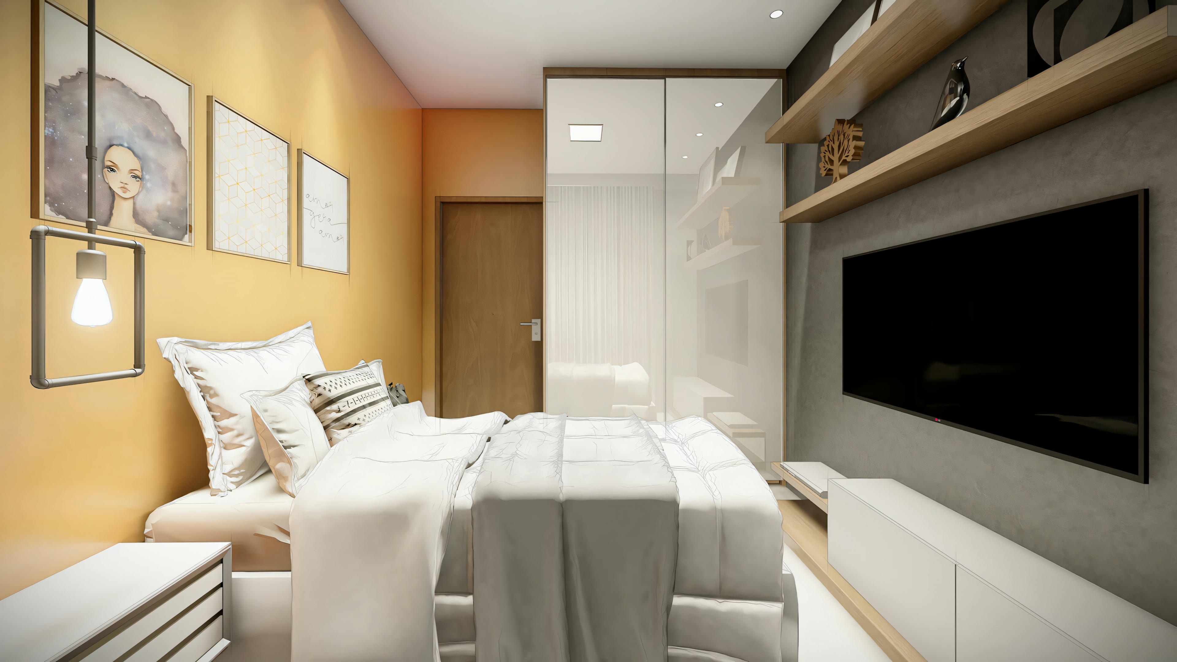 Um quarto com iluminação aconchegante e prateleiras embutidas acima da cama.