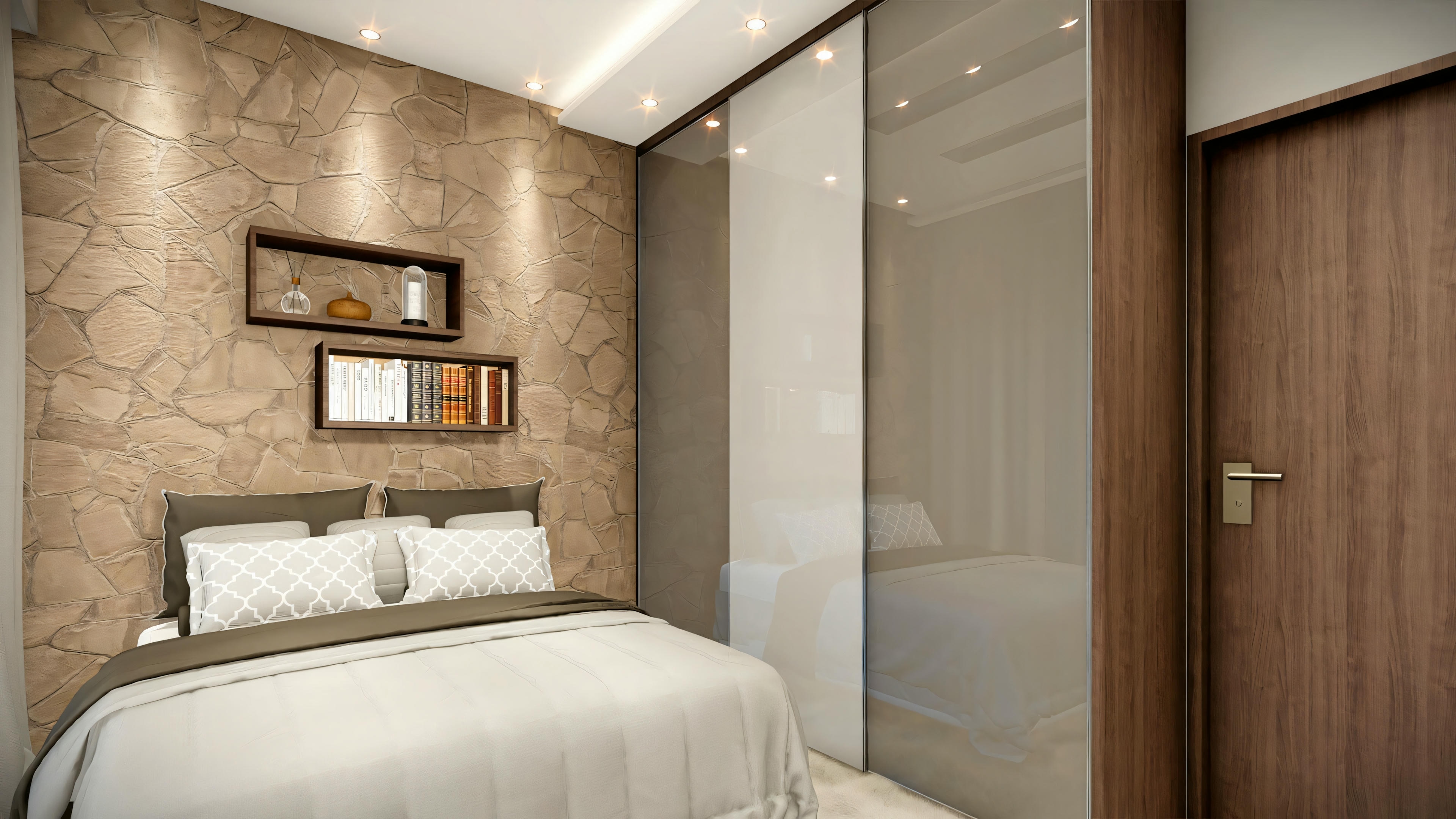 Um quarto com paredes de pedra e cama com roupa de cama.