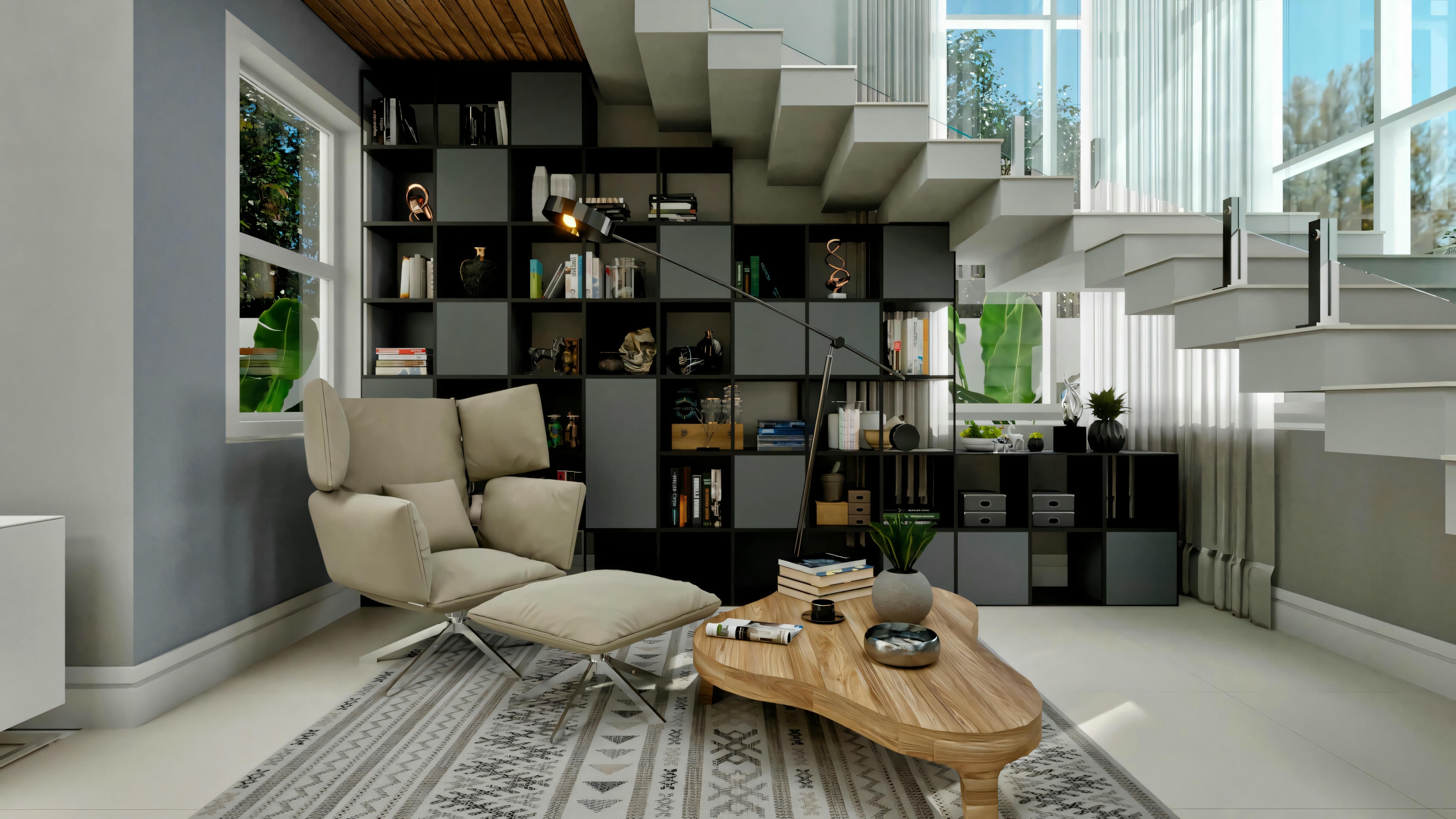 Cozy reading nook under the stairs in a modern house, with armchair, built-in bookshelf, rug, and directional lighting.