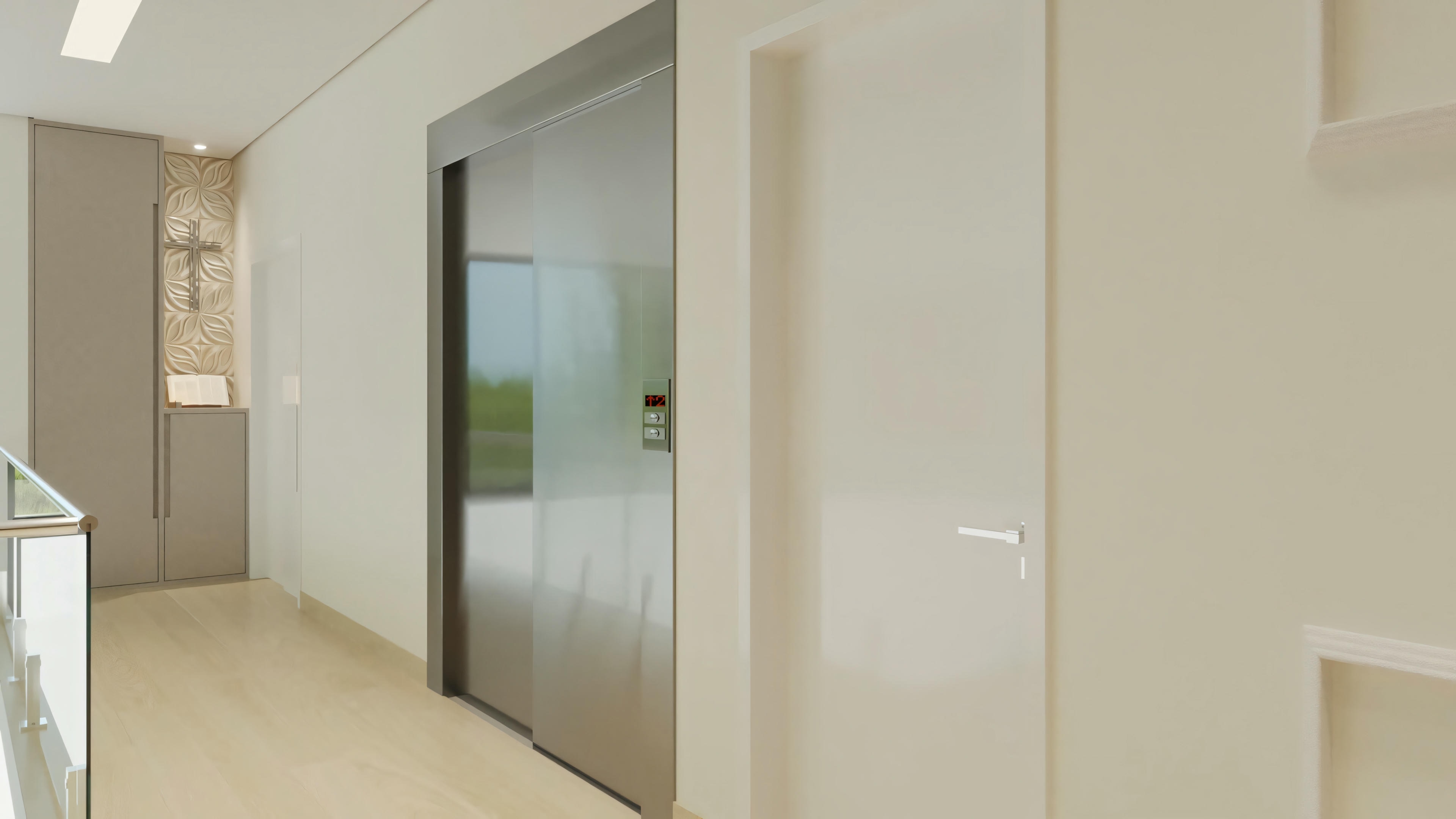 Internal hall with a private elevator in a ready-made single-story house project with 5 suites (364.7m²). View of the hallway with access to the elevator (stainless steel doors), planned closet, and light flooring.