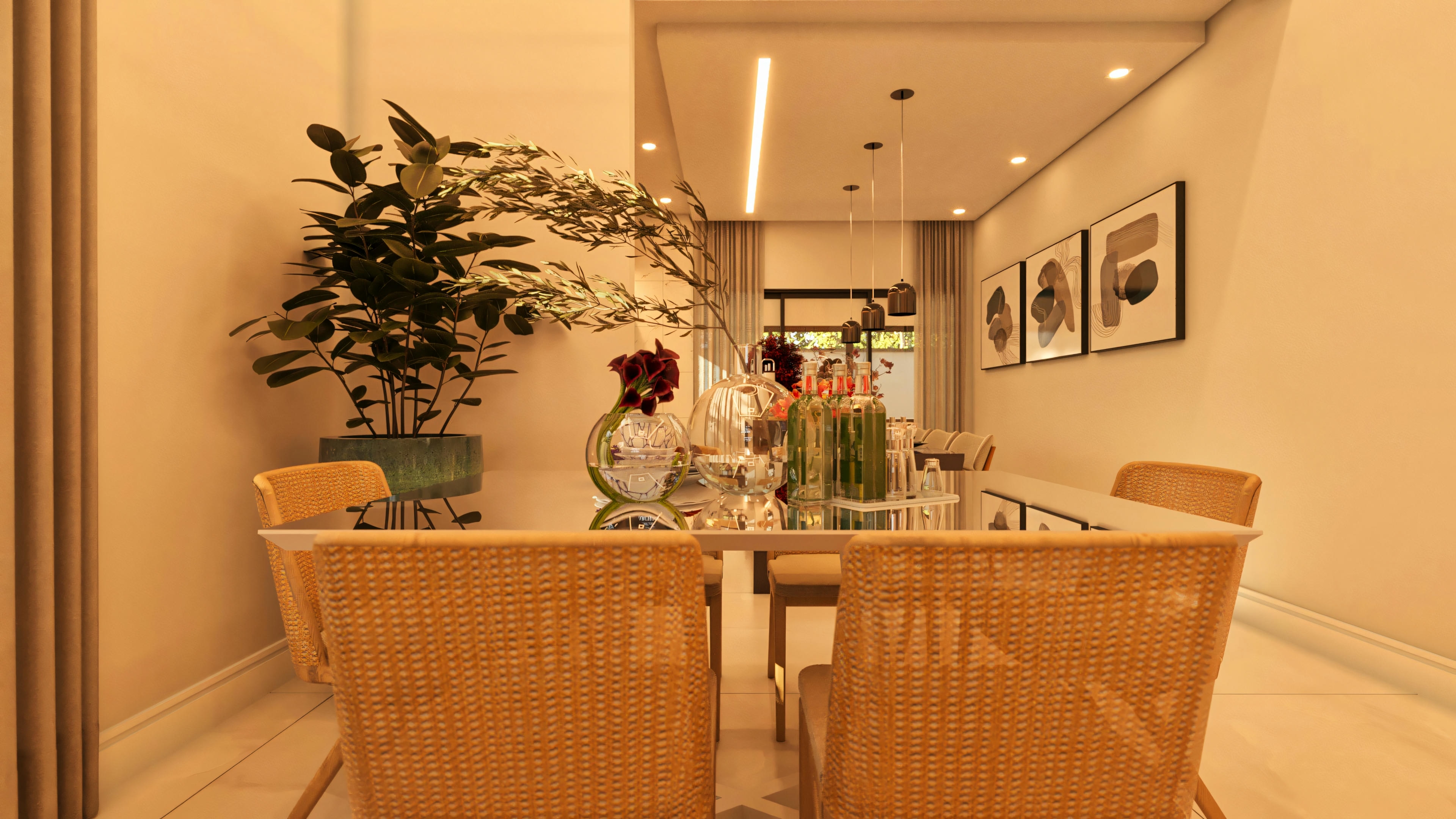Sala de comedor elegante en casa moderna con 3 habitaciones, siendo 2 suites. Mesa de comedor decorada, sillas en fibra natural, espejo en la pared e iluminación planeada.