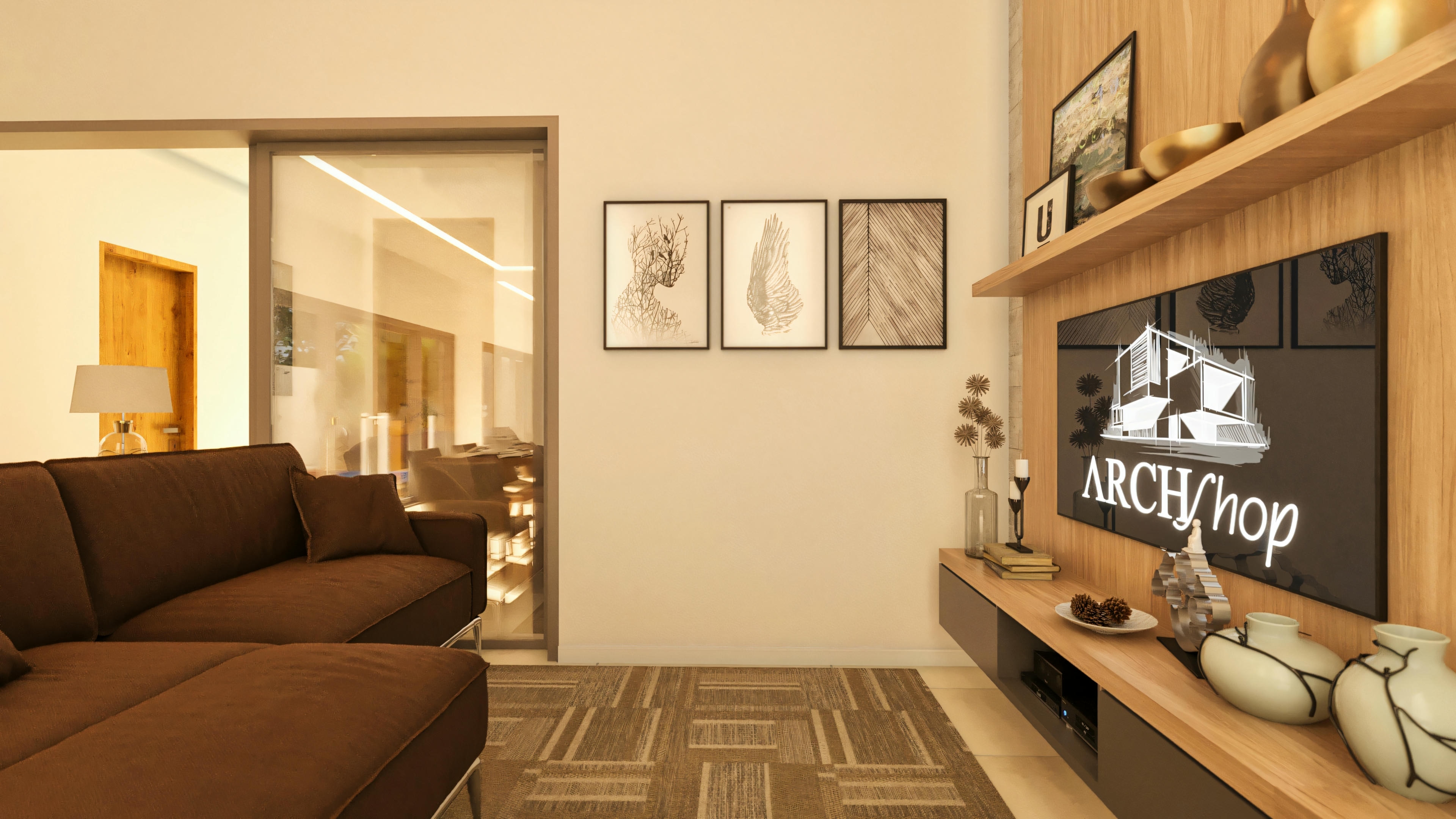 Sala de estar moderna con muebles acogedores y panel de madera en la pared.