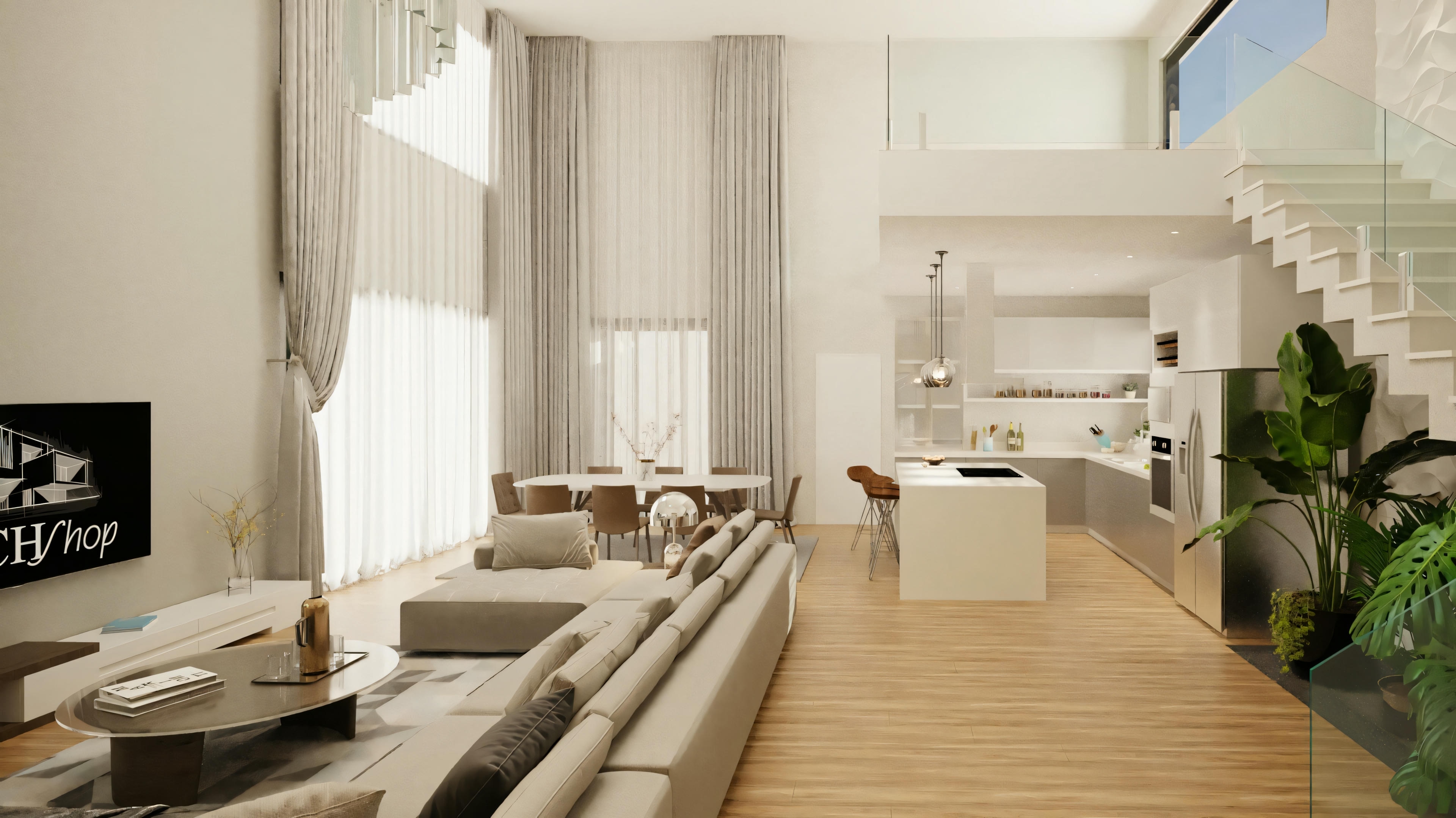 Una sala de estar moderna con sofá blanco, mesa de centro y concepto abierto que conduce a un comedor y cocina al fondo.