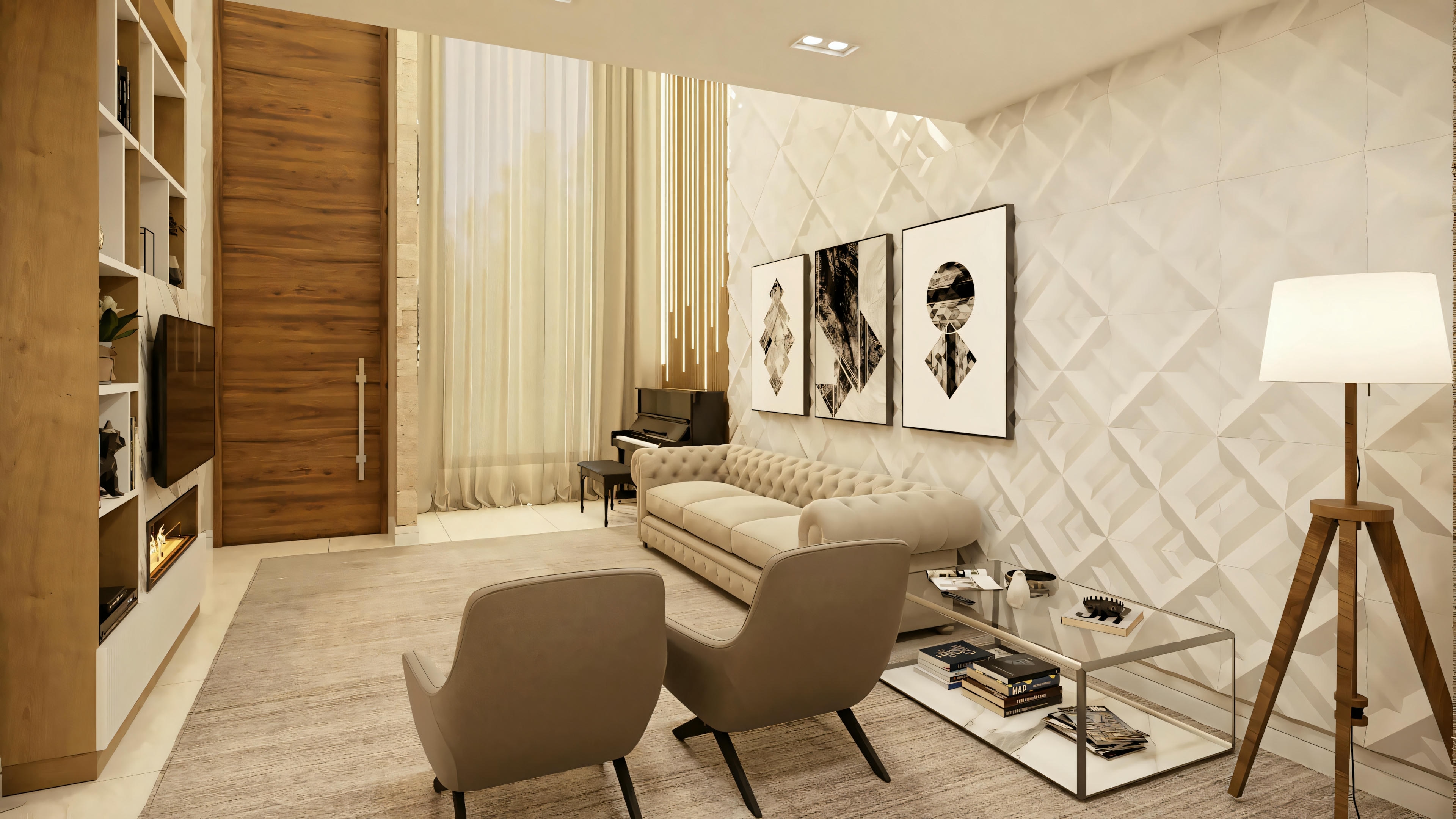 Uma sala de estar moderna com duas cadeiras, uma mesa de centro e uma luminária de chão.