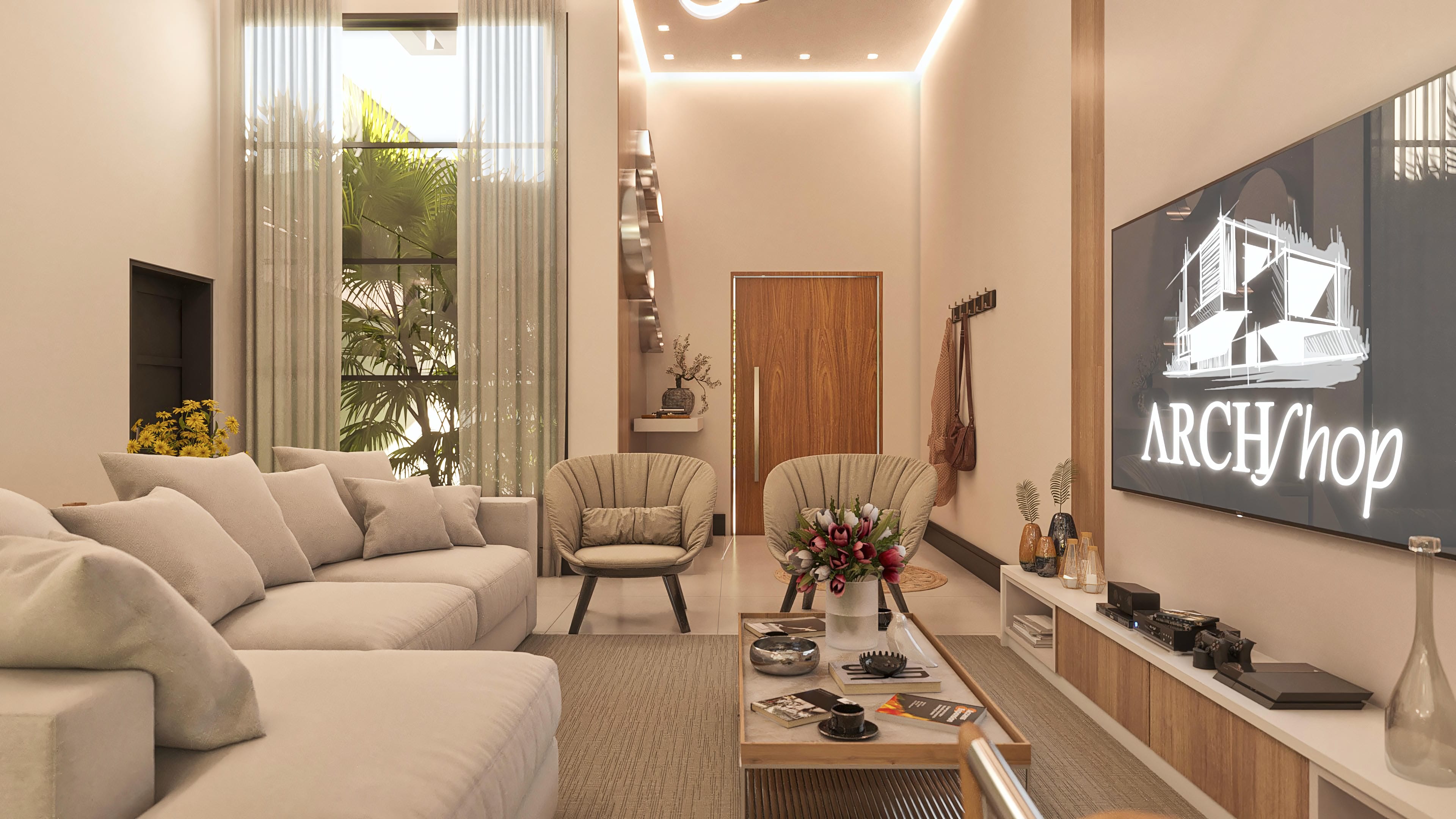 Sala de estar moderna com amplo pé direito, sofá confortável em L, poltronas elegantes, mesa de centro com livros e objetos decorativos, e uma TV de tela grande. A iluminação natural é abundante através de grandes janelas com cortinas translúcidas, revelando vegetação exuberante.