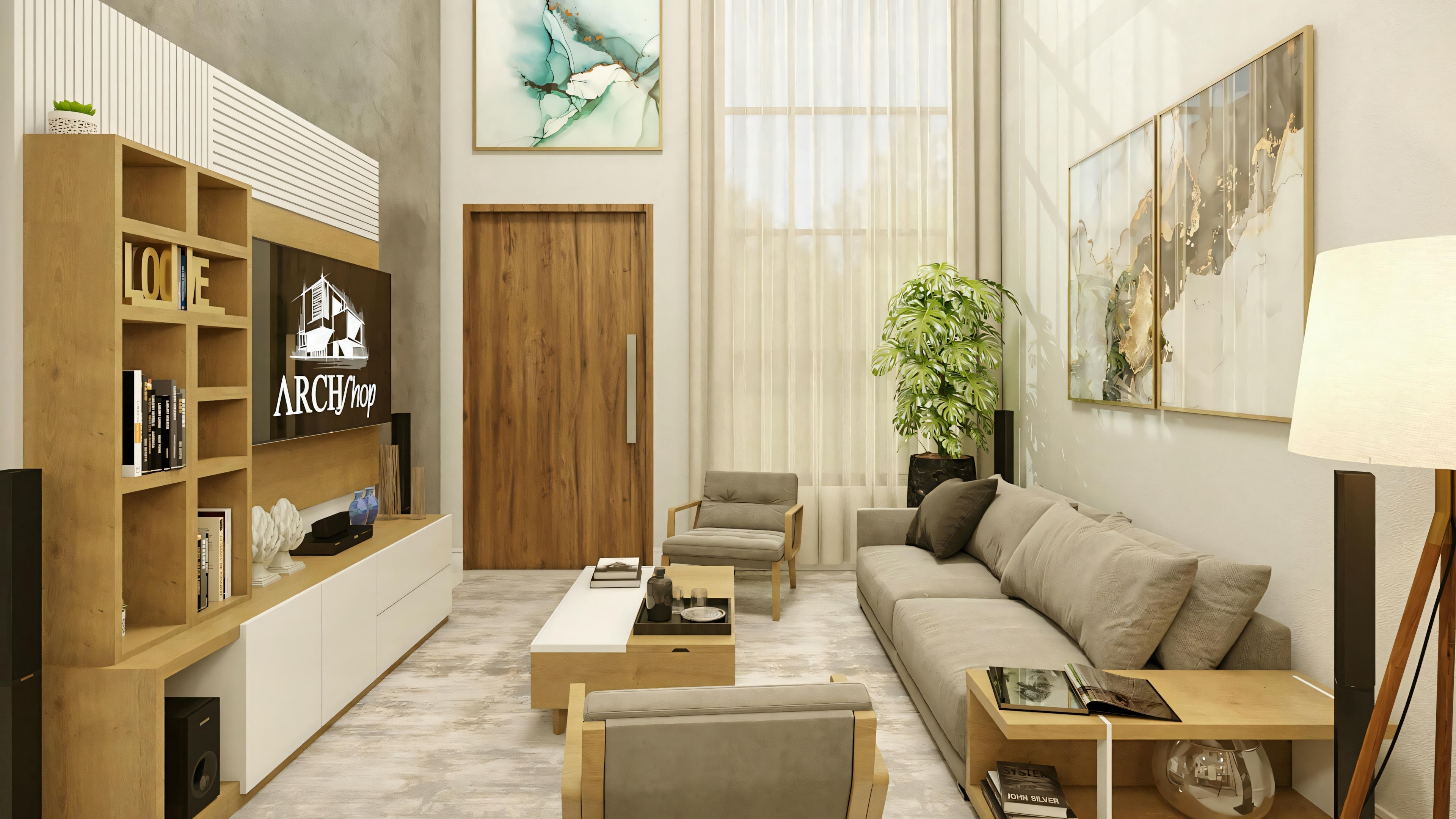 Una sala de estar con sofá, mesa de centro y estantería con libros y objetos decorativos. Hay una obra de arte colgada encima del sofá.