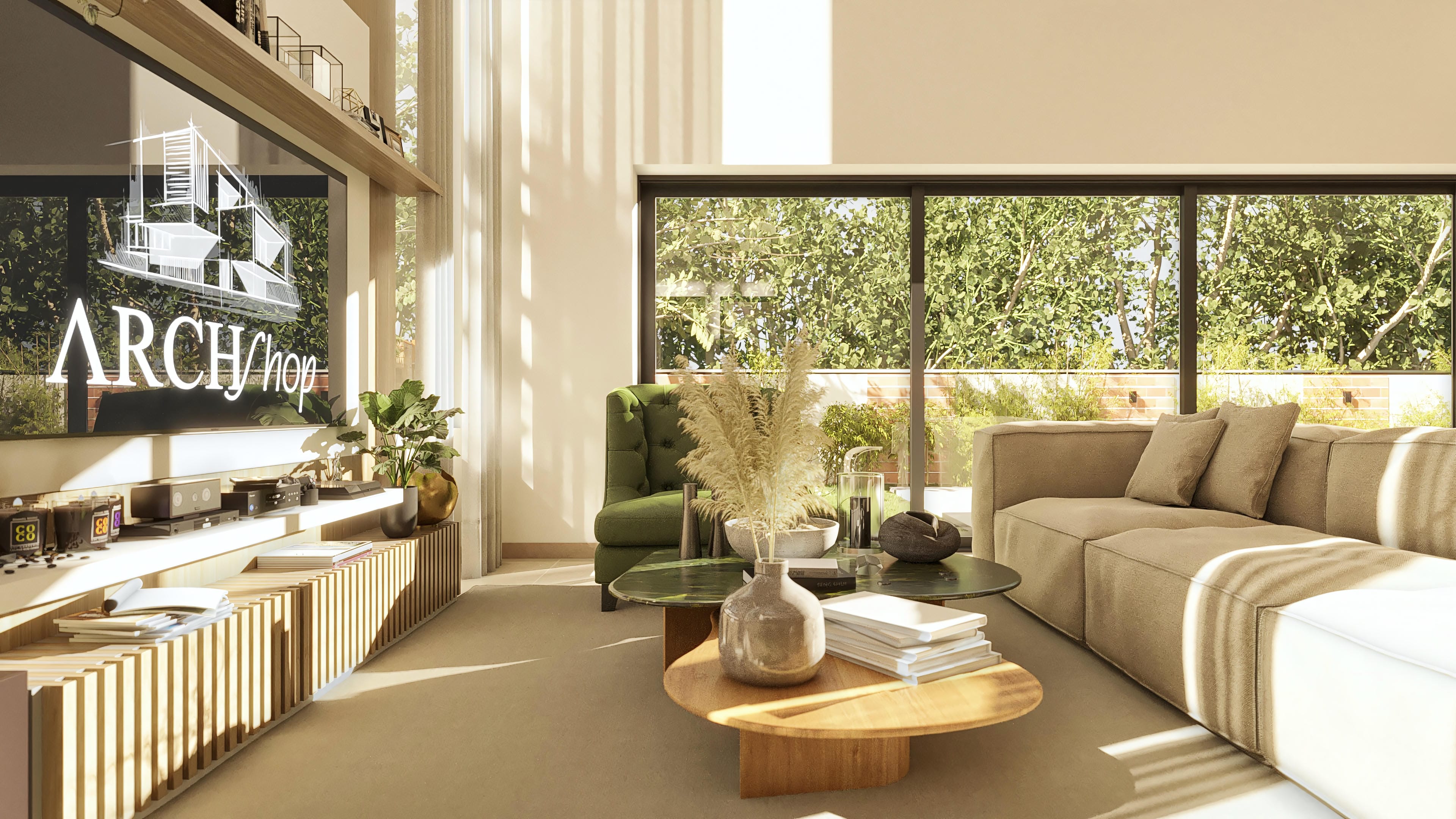 Ambiente interno contemporáneo con sofá beige, poltrona verde y mesa de centro geométrica. Grandes ventanales revelan paisajismo exuberante.