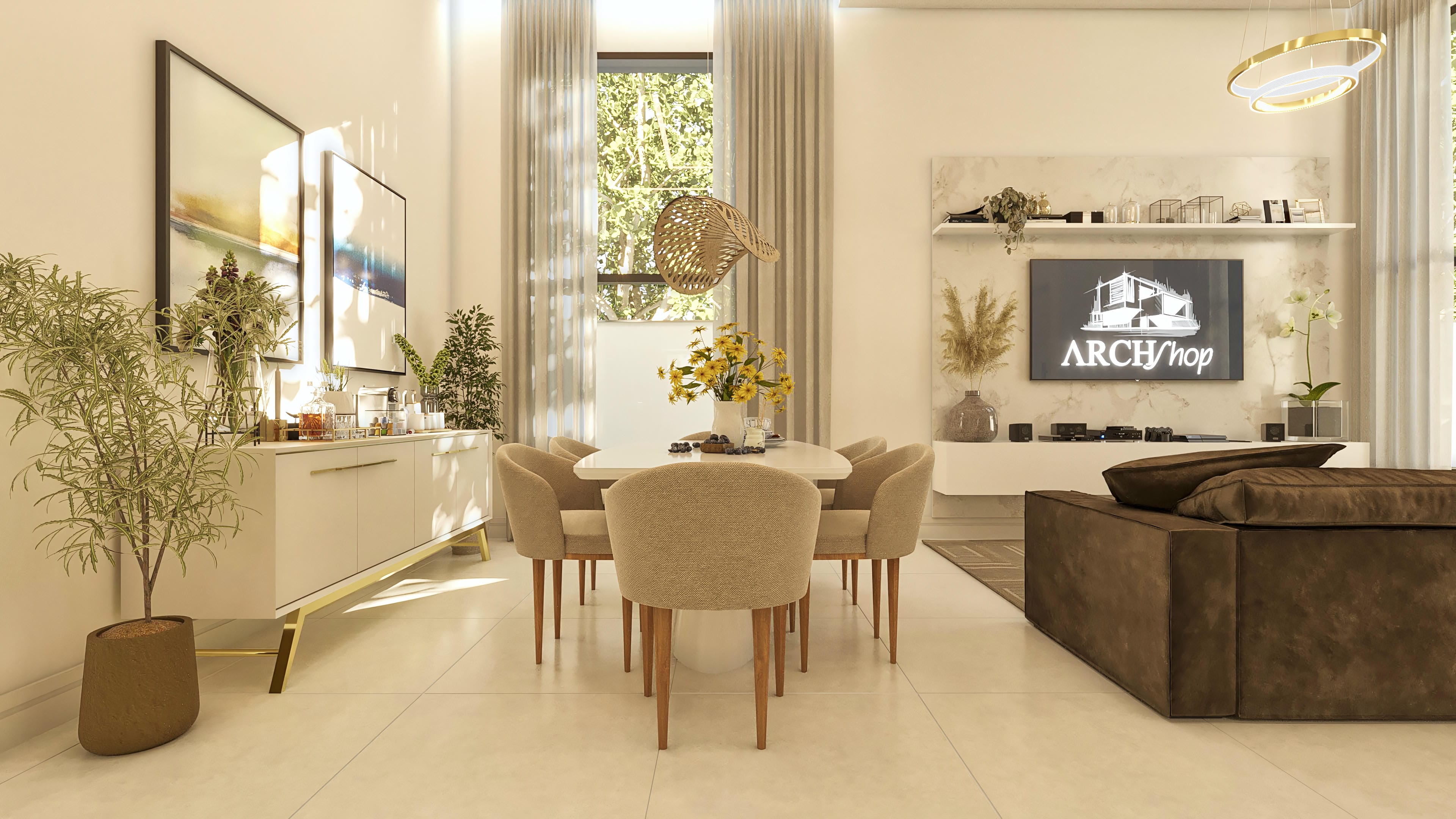 Ambiente interno moderno con sala de estar y comedor integradas, destacando muebles sofisticados, obras de arte e iluminación acogedora. Una casa de una planta con detalles de buen gusto.