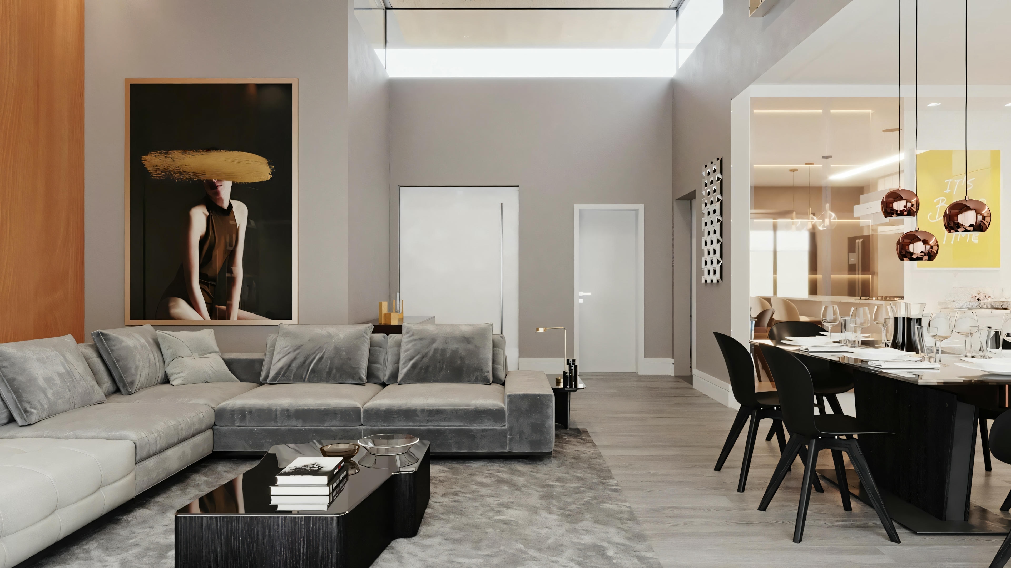 Uma sala de jantar com uma mesa grande e cadeiras modernas.