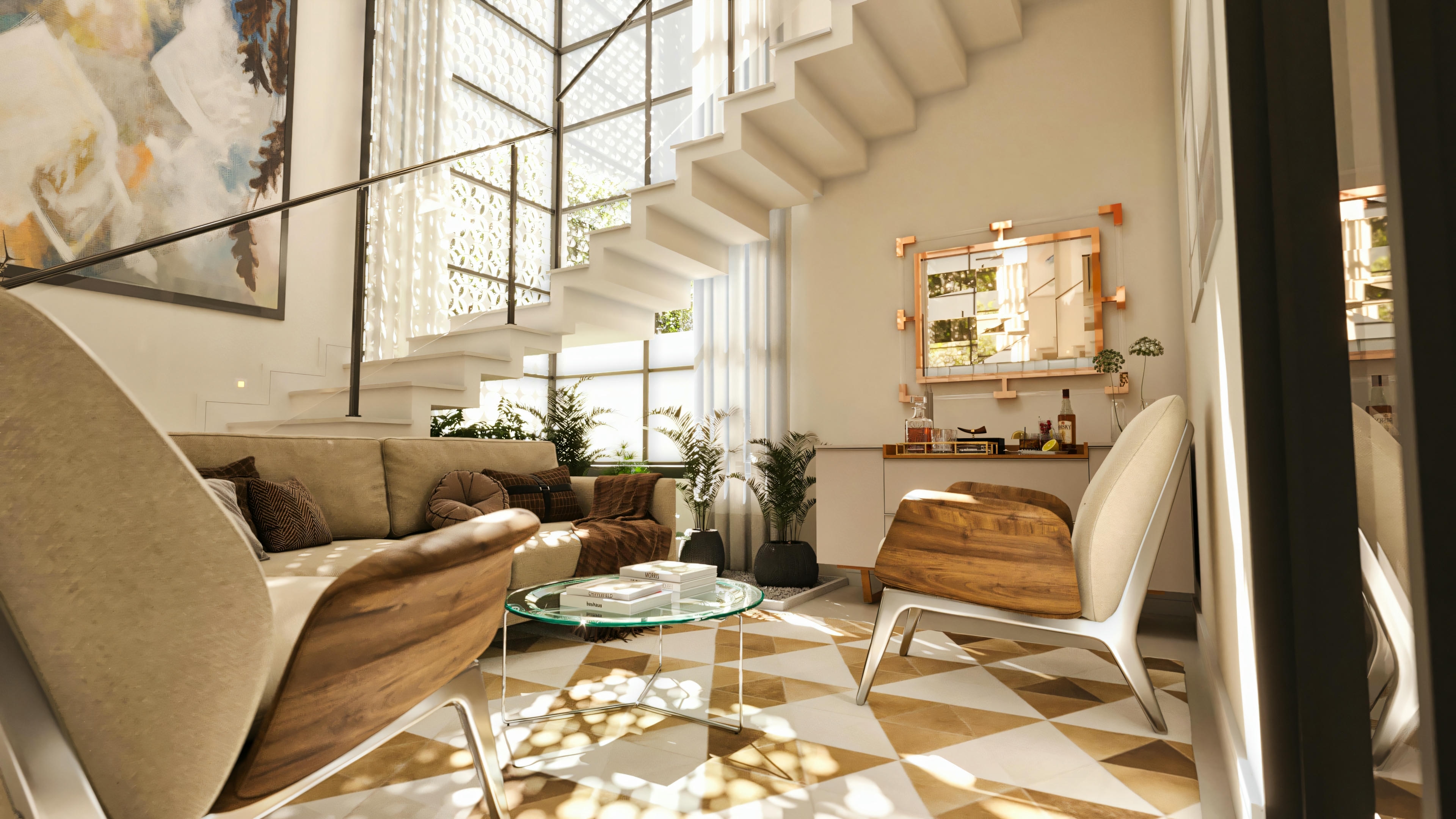 Sala de estar con doble altura en proyecto de casa moderna con 394.84m², 4 suites y piscina. Ambiente decorado con sofá beige, sillones con brazos de madera y estructura metálica, mesa de centro de vidrio sobre piso geométrico, y escalera blanca con barandal negro junto a una gran ventana del suelo al techo con vista a vegetación externa y cobogós.