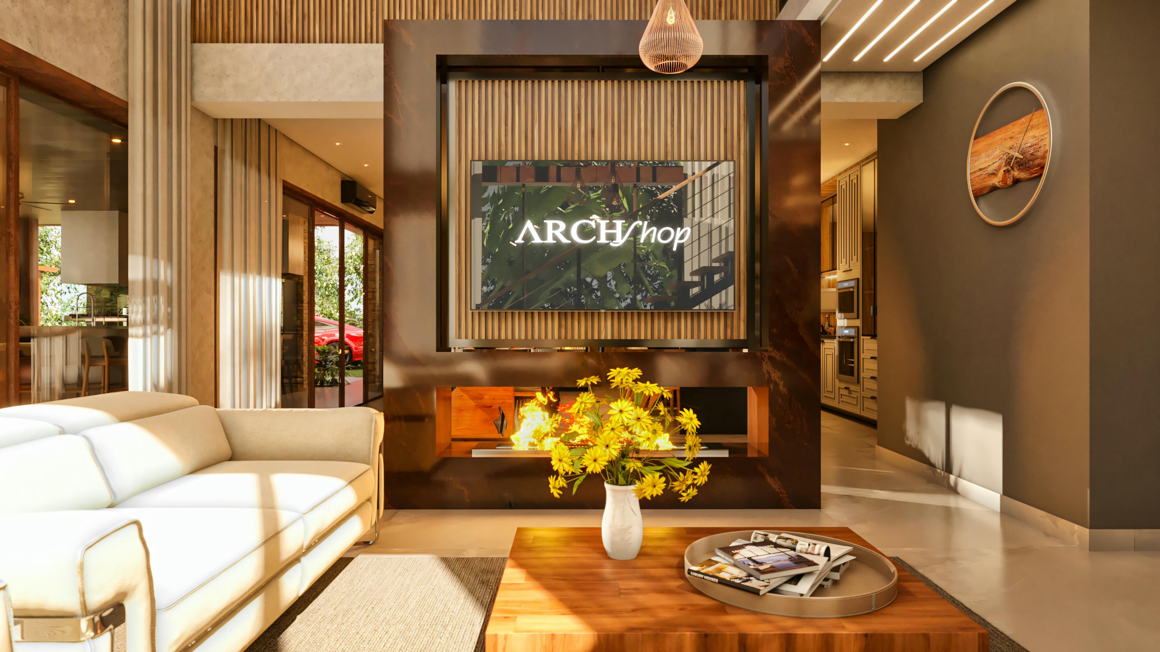 Sala de estar de luxo em casa com 4 suítes, apresentando painel de TV em madeira ripada, lareira moderna embutida sob o nicho da TV, sofá claro, mesa de centro em madeira, iluminação embutida e pendente, e amplas portas de vidro com vista para a área externa.
