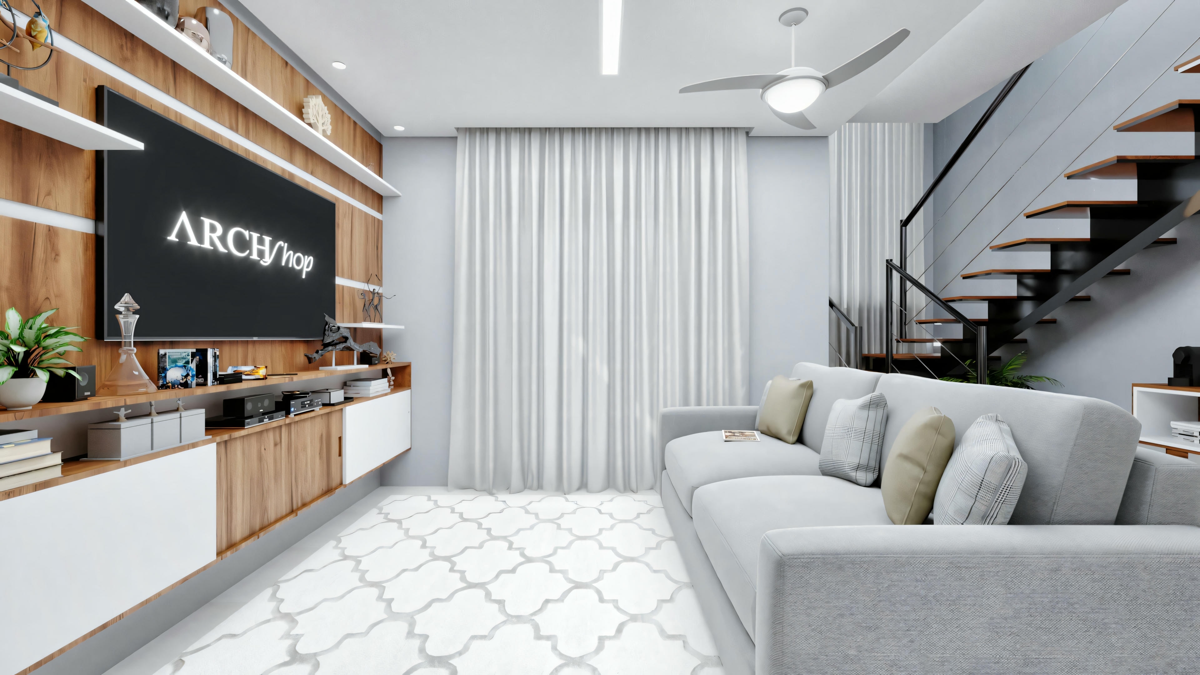 Espaço interior com design contemporâneo, apresentando uma sala de estar com sofá, poltronas, mesa de centro e uma unidade de televisão montada na parede.