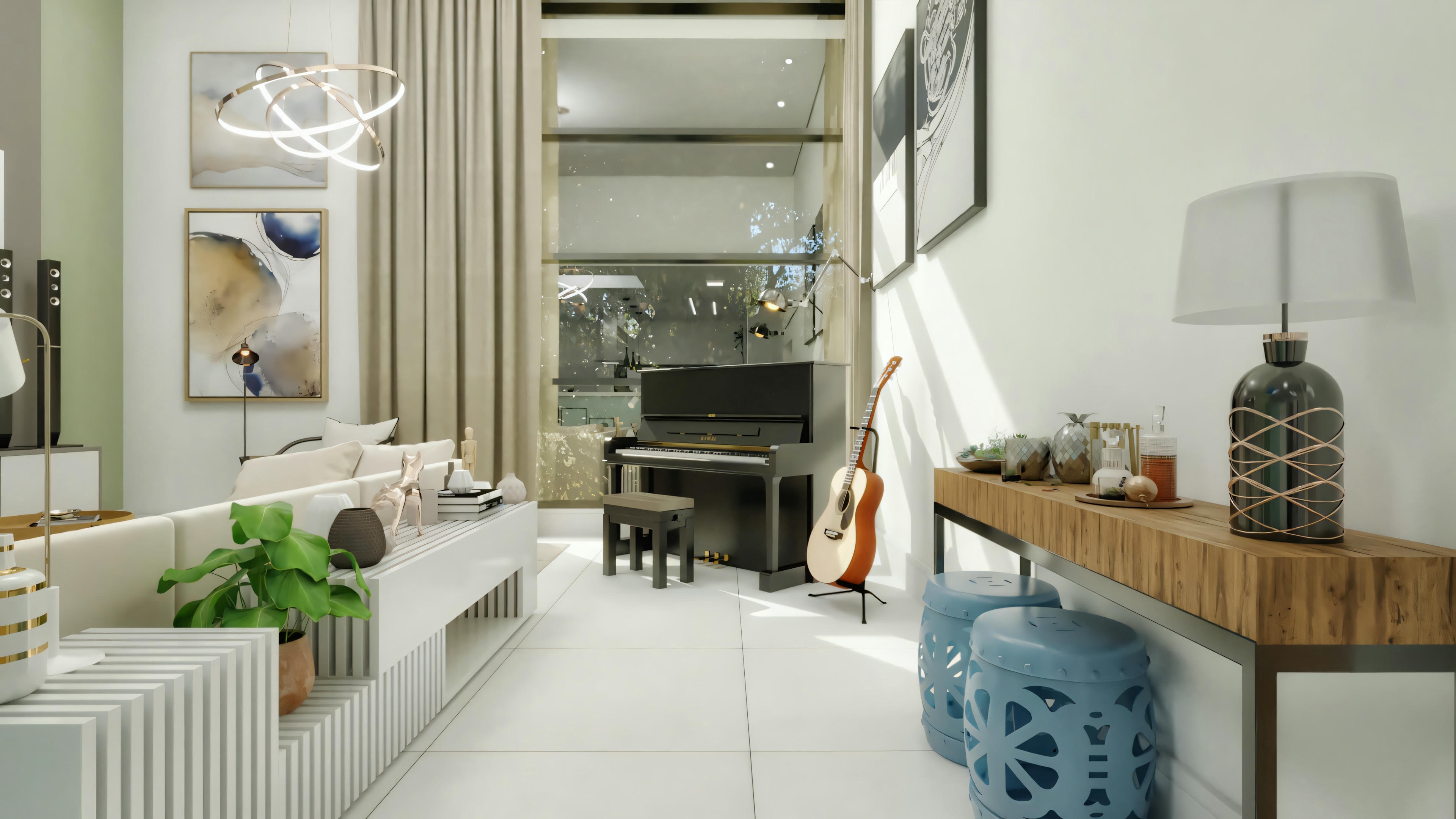Sala de estar moderna con piano de cola, sofá, sillón y violonchelo.