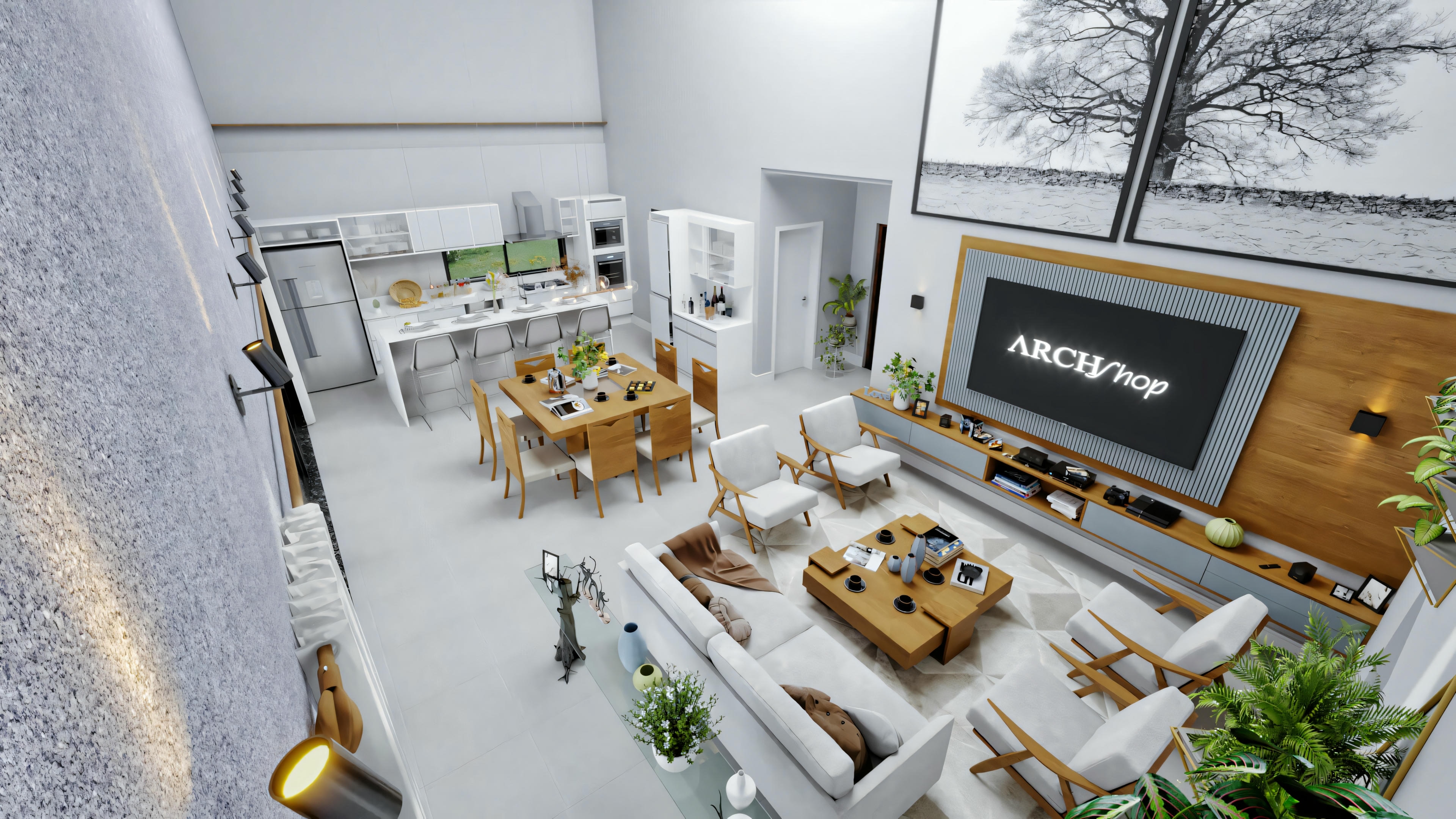 Sala de estar con muebles modernos, incluyendo sofás y mesa de centro orientados hacia una gran pantalla de televisión.