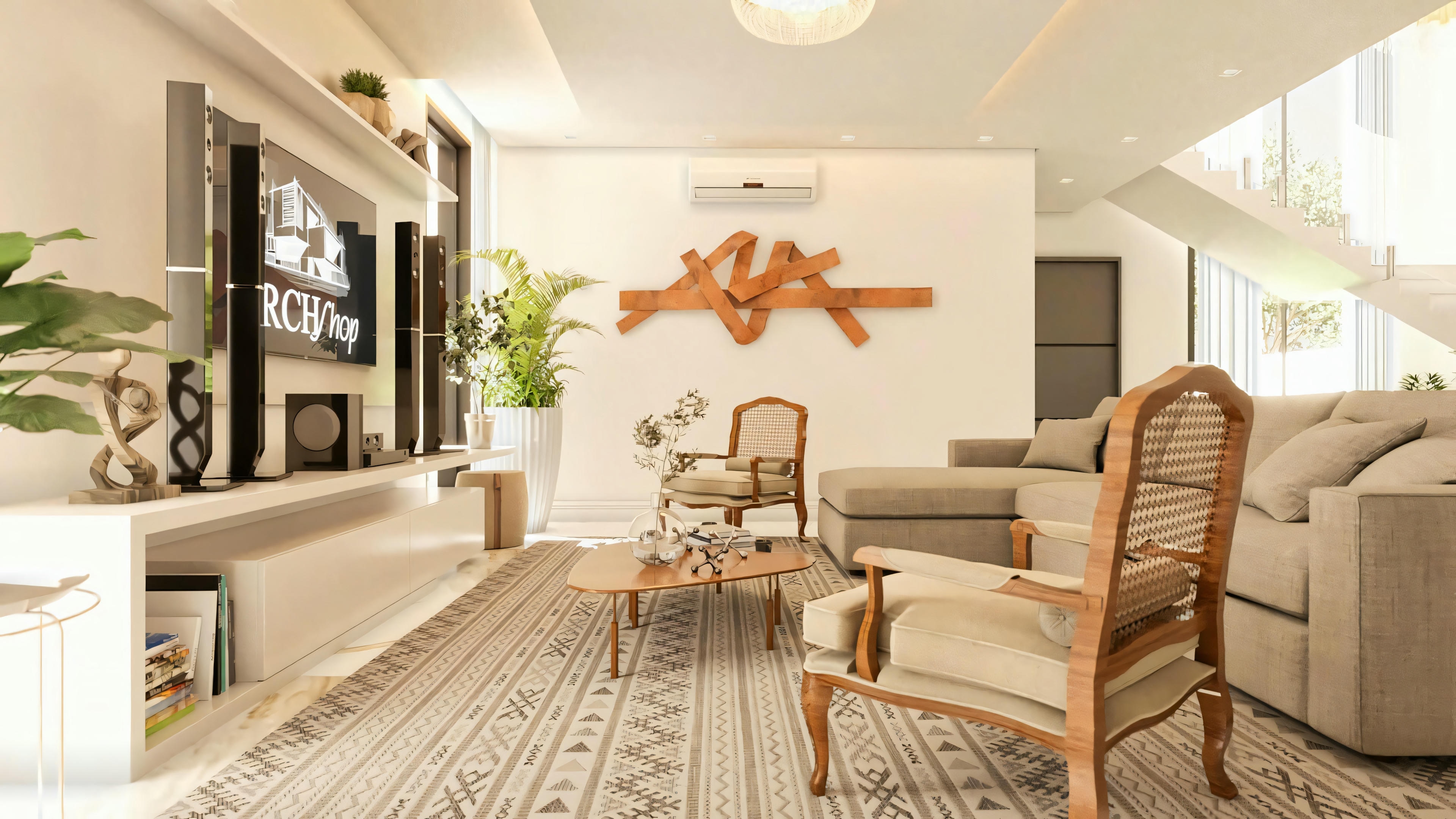 Amplia sala de estar de casa de dos plantas con 3 suites, mostrando sofá en L gris claro, sillones de madera y fibra, mesa de centro moderna sobre alfombra estampada, panel de TV a la izquierda y escalera con vidrio al fondo.
