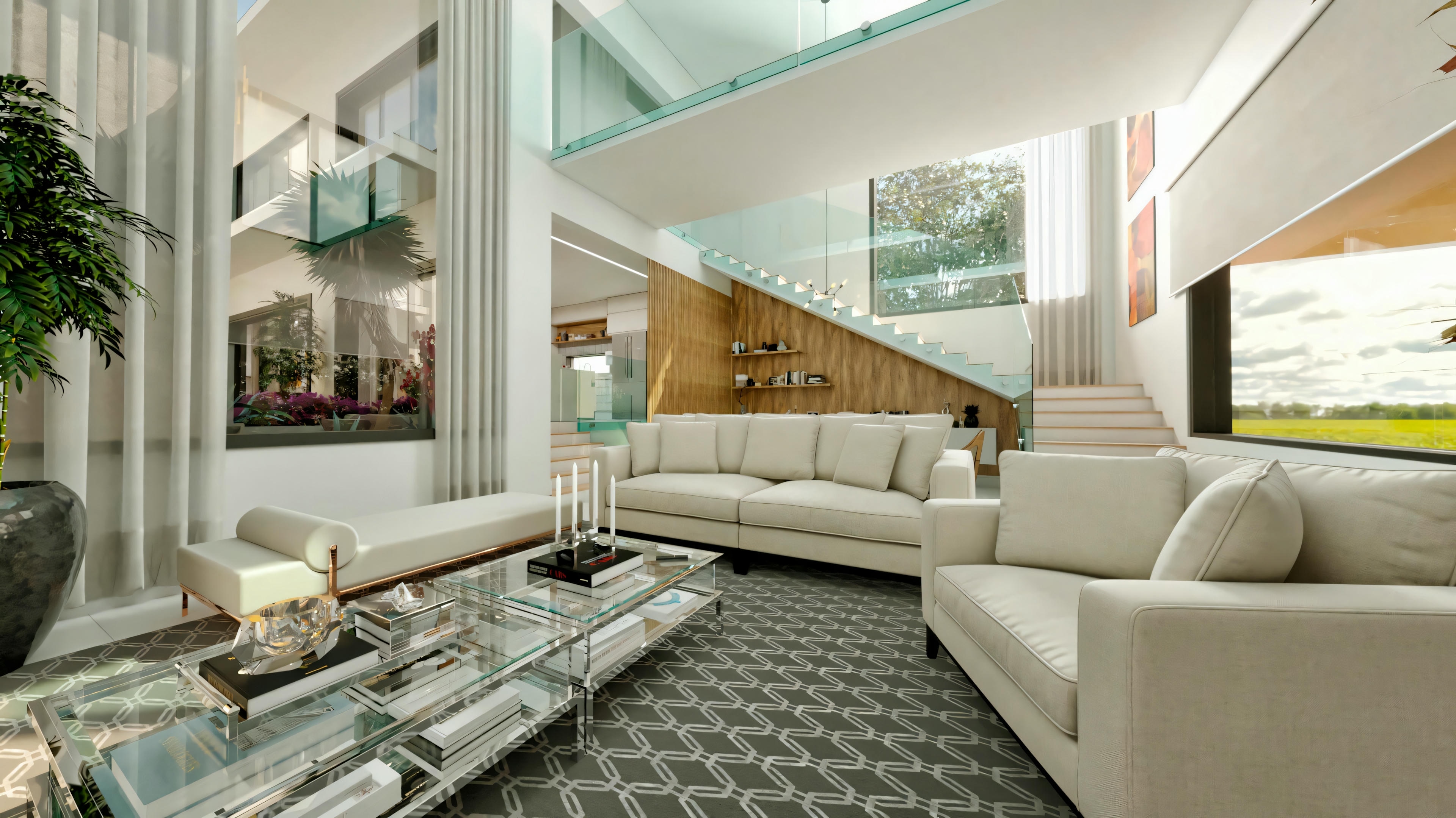 Sala de estar con sofá grande, dos sillones, mesa de centro y alfombra sobre piso de madera. La sala tiene grandes ventanales que permiten mucha luz natural e incluye elementos decorativos como plantas y arte en la pared.