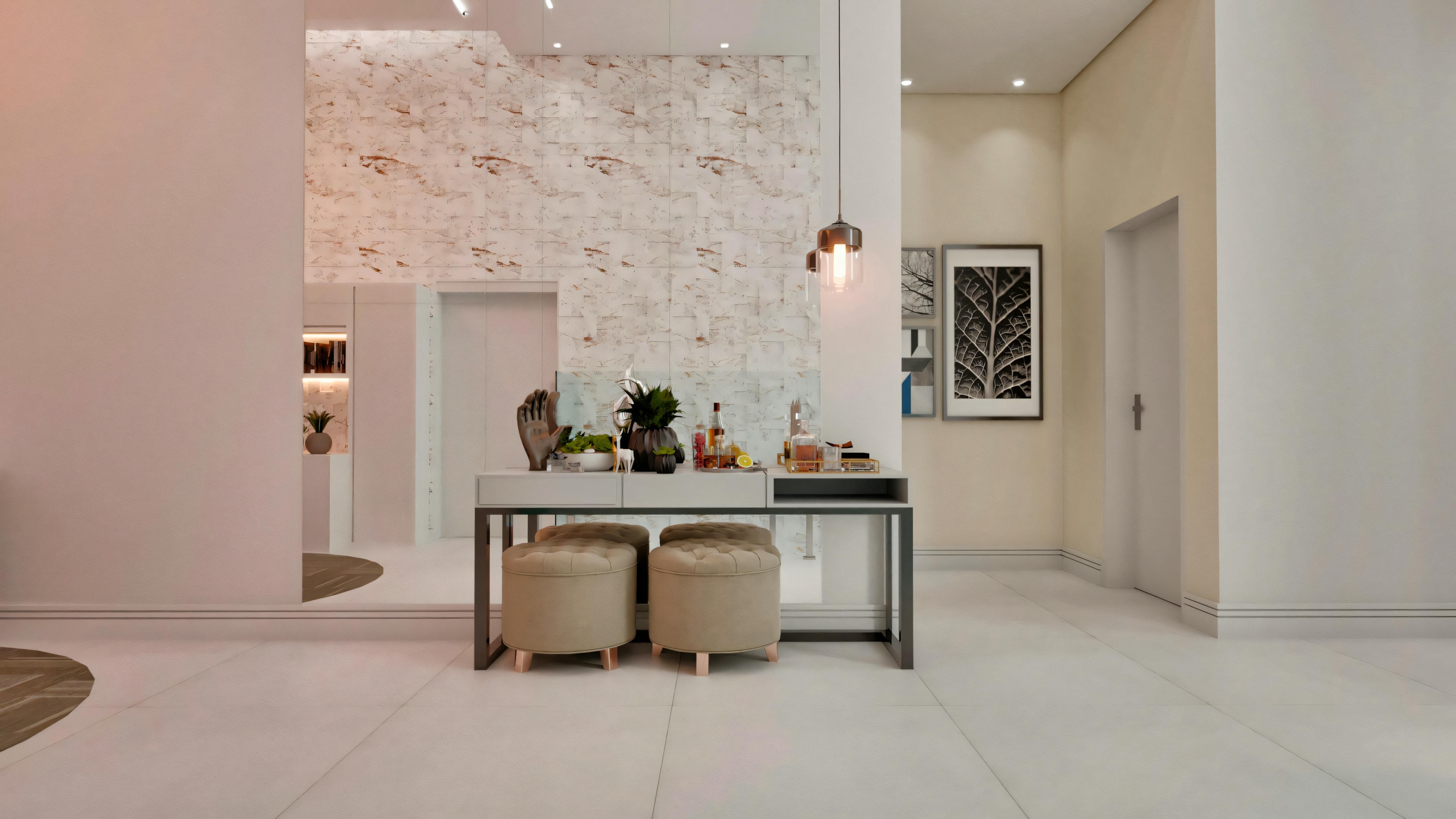 Un salón moderno con diseño minimalista, sofá de dos plazas, mesitas laterales redondas y objetos decorativos.