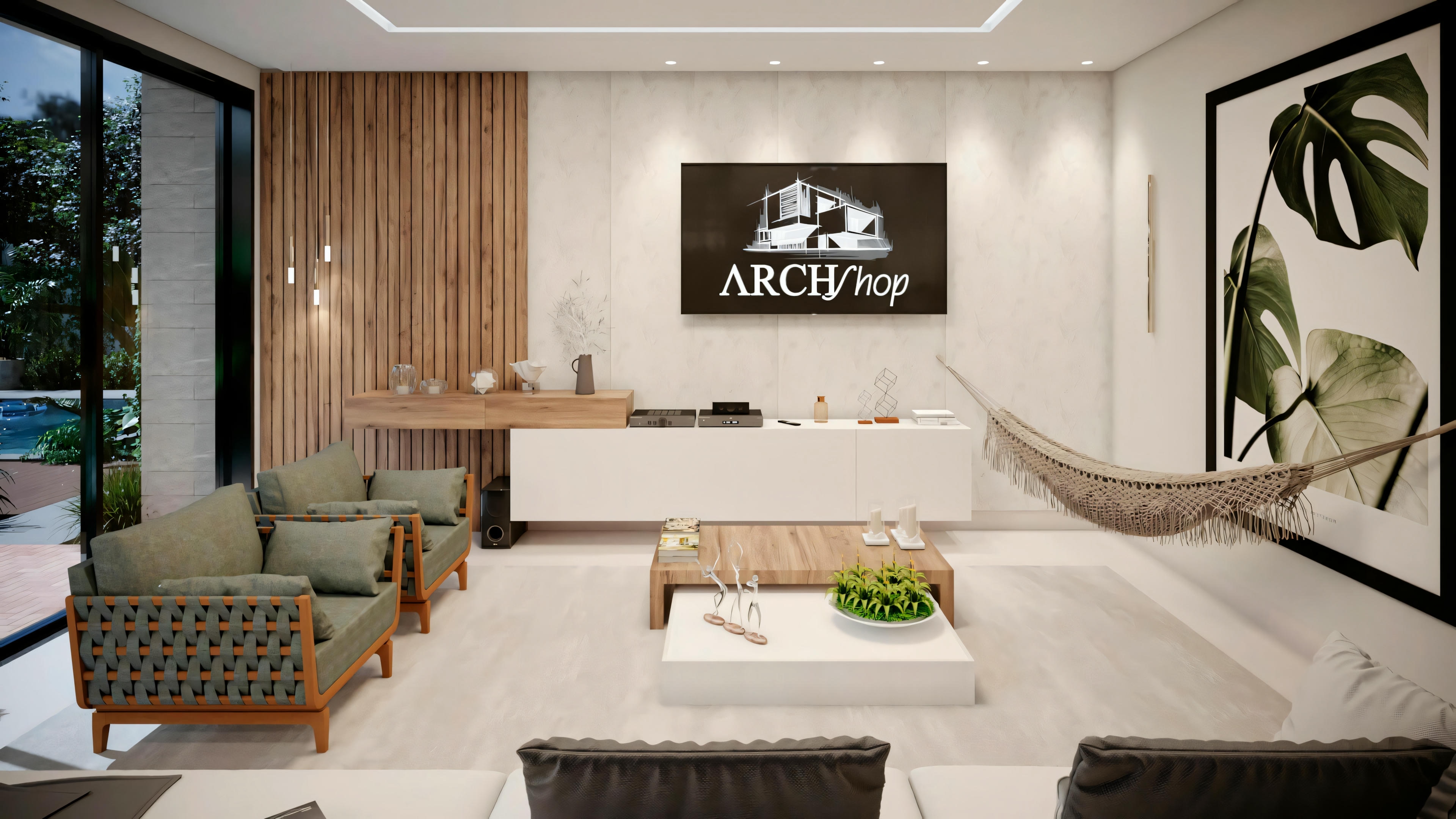 Un salón moderno con diseño minimalista, incluyendo una zona de estar con sofá y sillas, una zona de comedor con mesa y sillas, y una cocina abierta al fondo.
