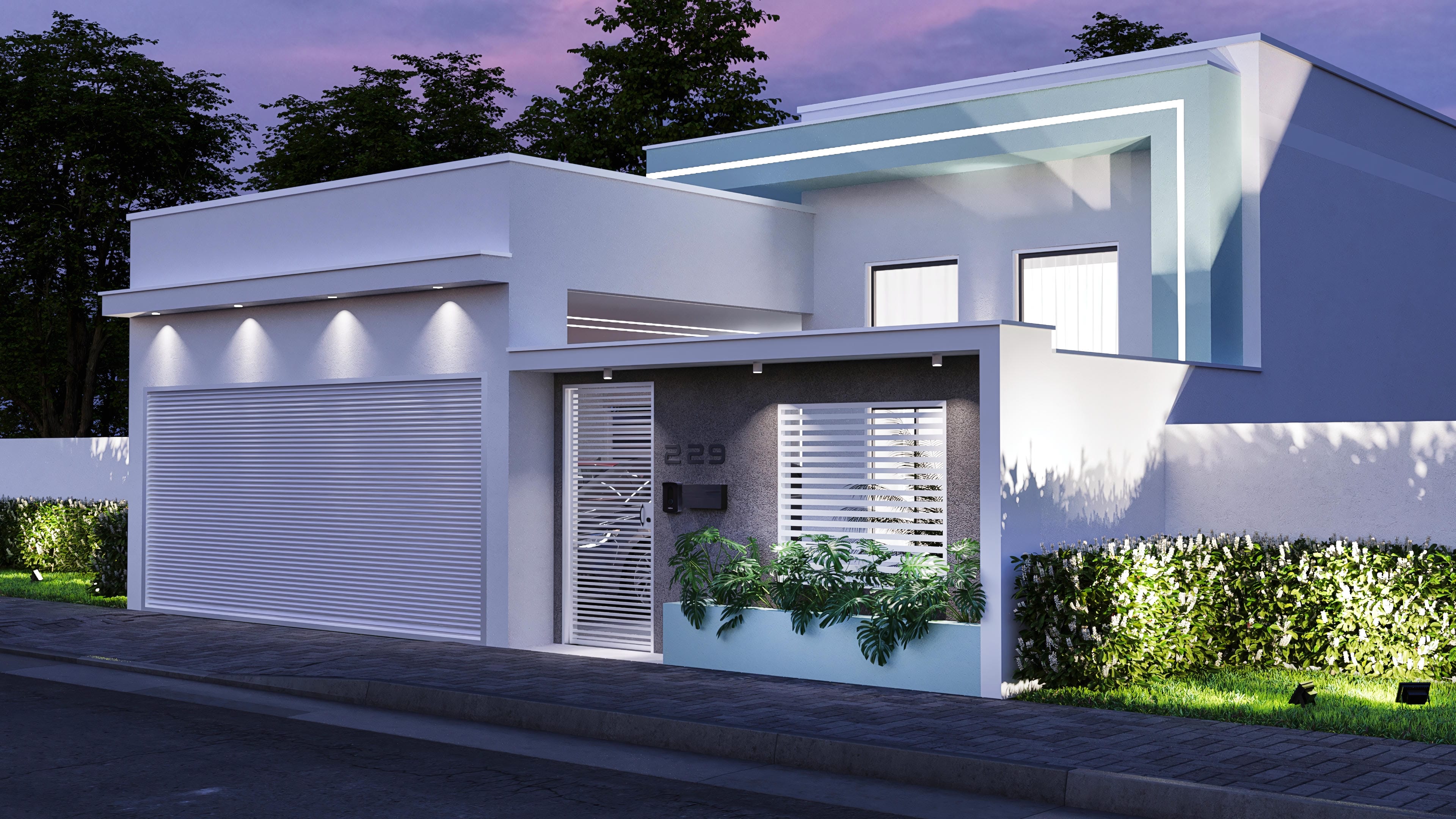Modern facade of a single-story house with a flat roof, large windows, and LED lighting. The exterior combines smooth textures and the use of light colors with blue details.