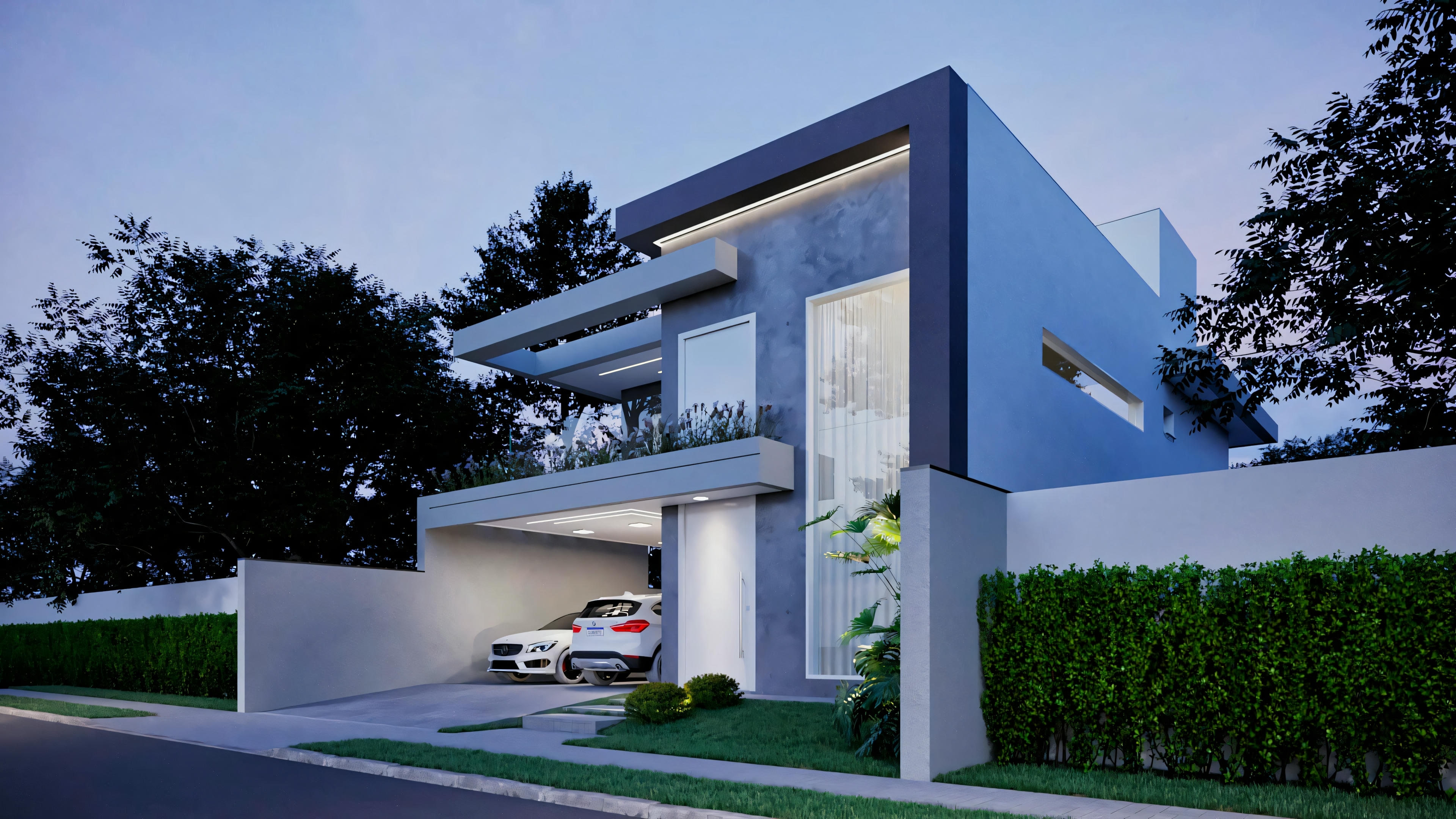 Vista lateral noturna iluminada do projeto residencial moderno ArchShop com 3 suítes e piscina. Exibe garagem coberta para 2 carros, fachada contemporânea com 250.56m², iluminação arquitetural e paisagismo. Projeto para terreno 12x25.