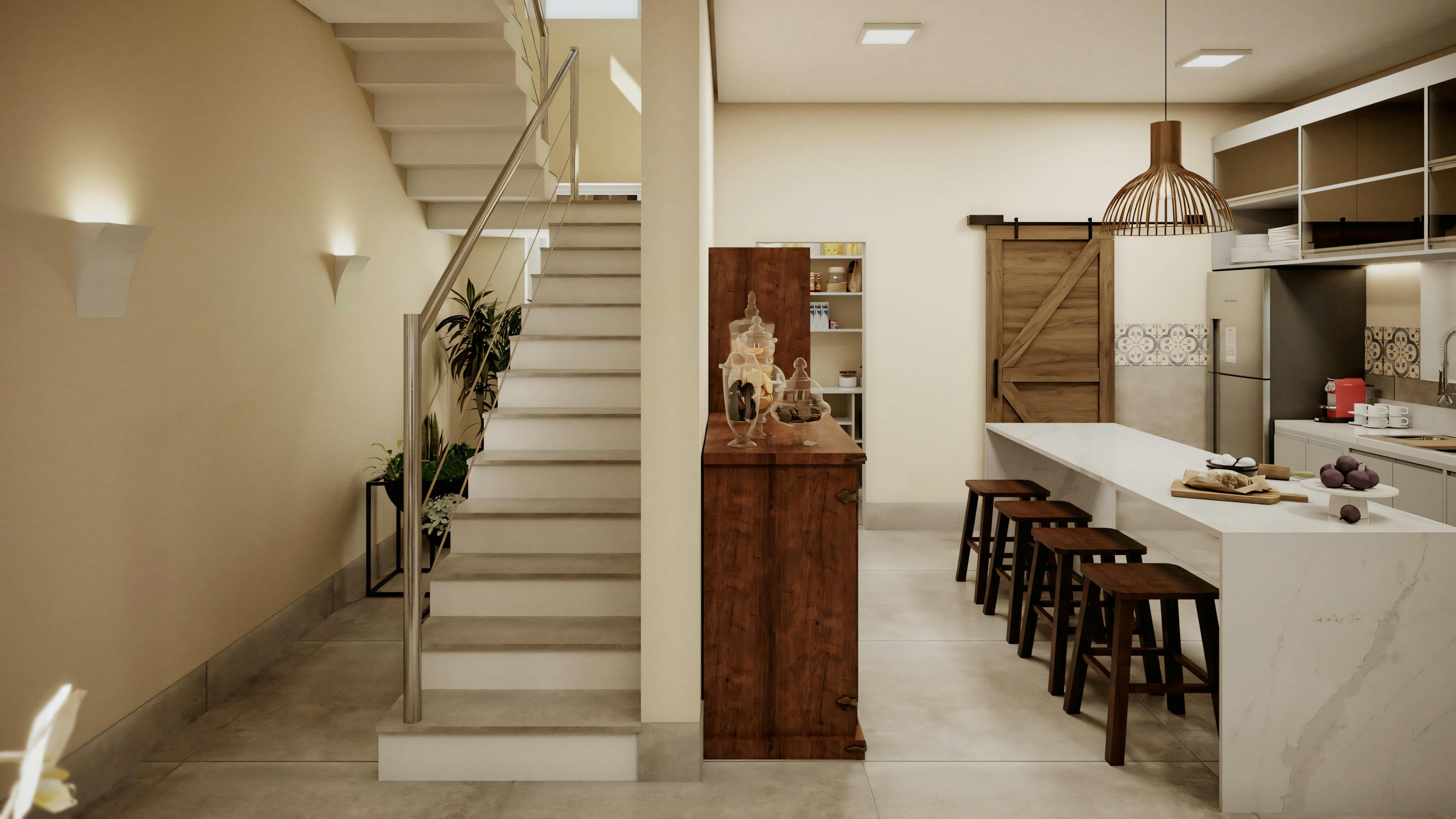 Área de comedor con mesa de madera y escaleras modernas al fondo.