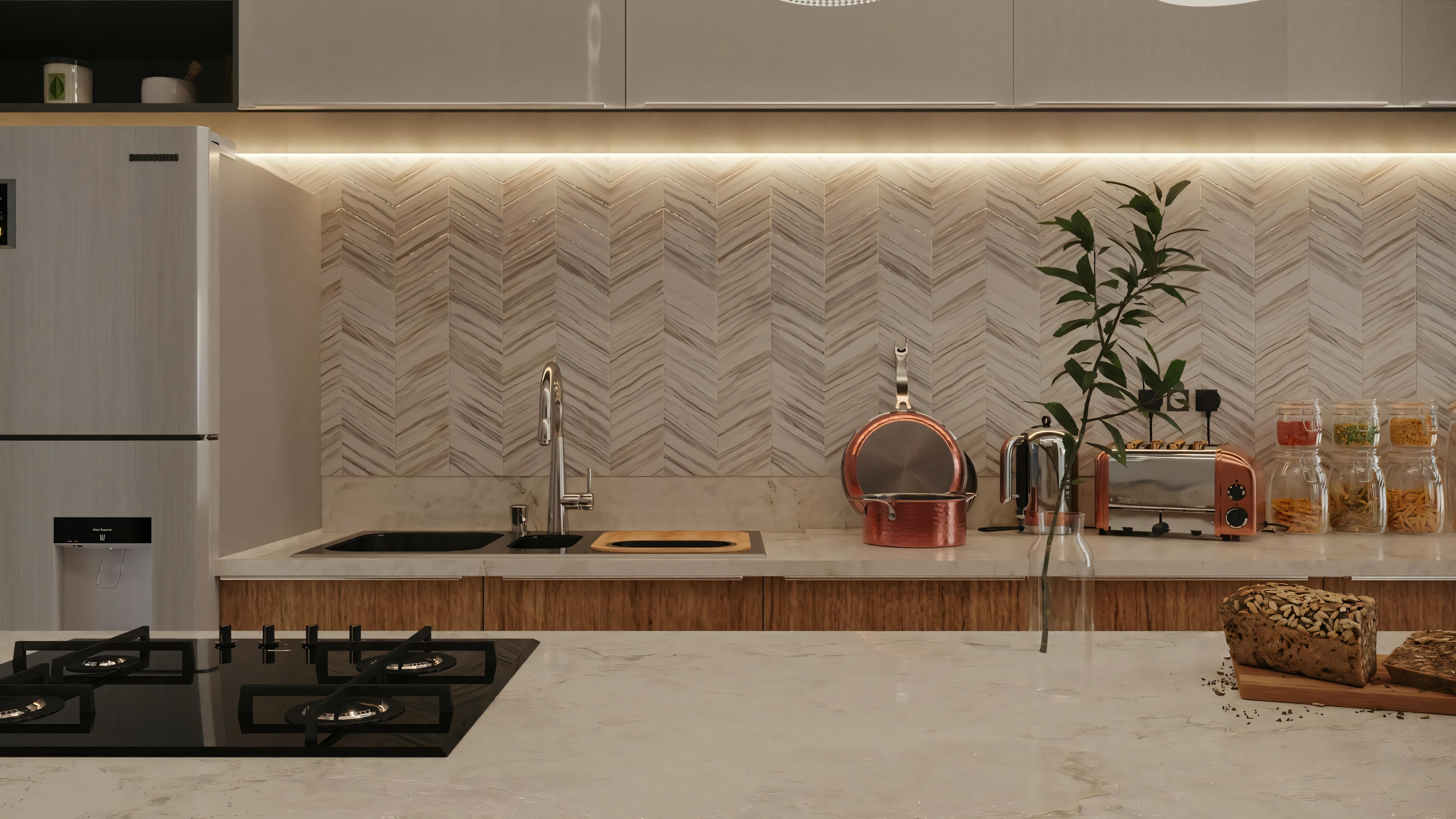 Bancada de cozinha interna com fogão, potes decorativos e backsplash texturizado.
