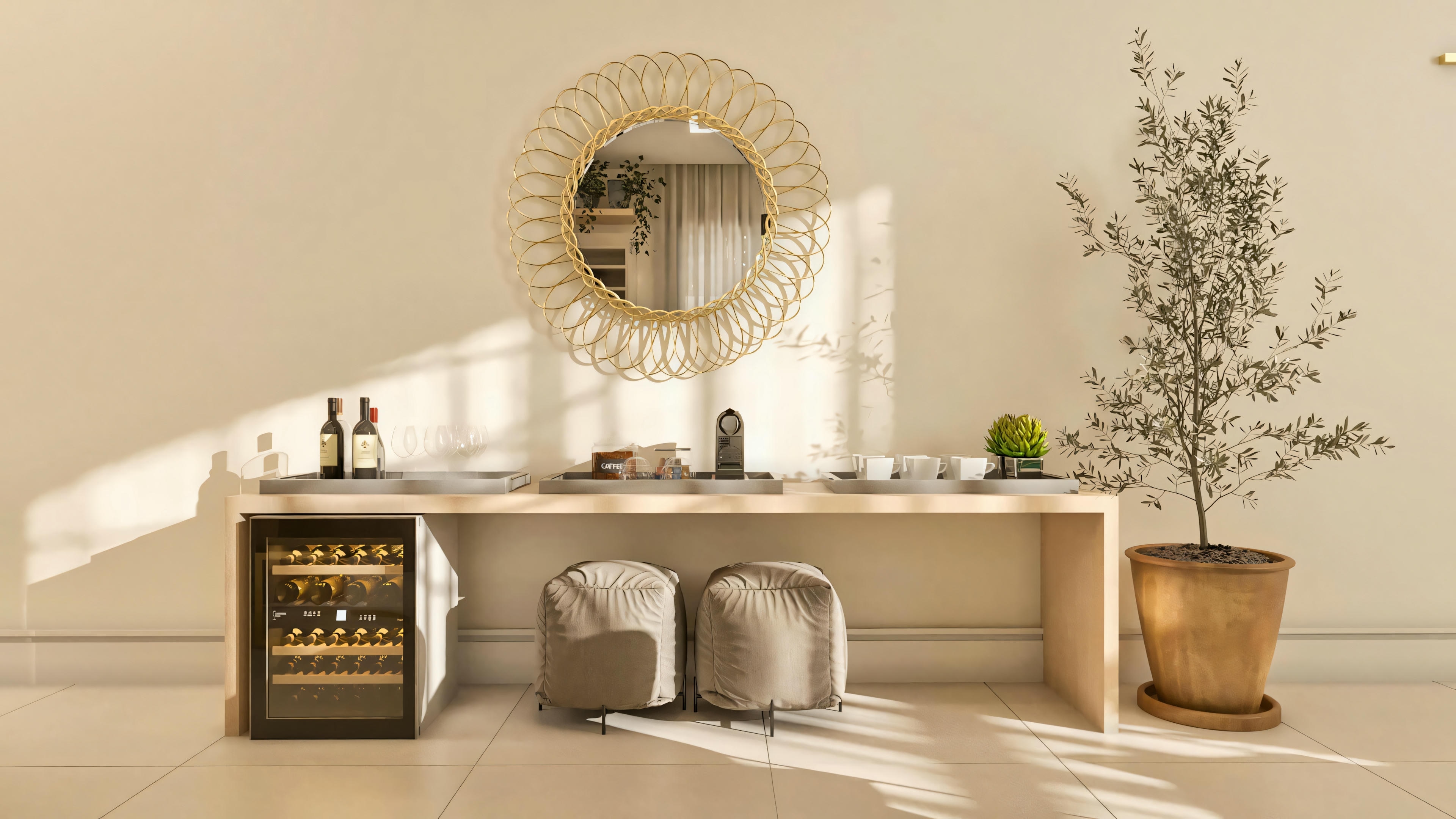 Ranch house interior detail with 3 suites, showing a functional bar corner or sideboard with a built-in wine cellar, counter, stools, decorative mirror, and plant. Space integrated into the modern design of the 196m² house with a gourmet area.