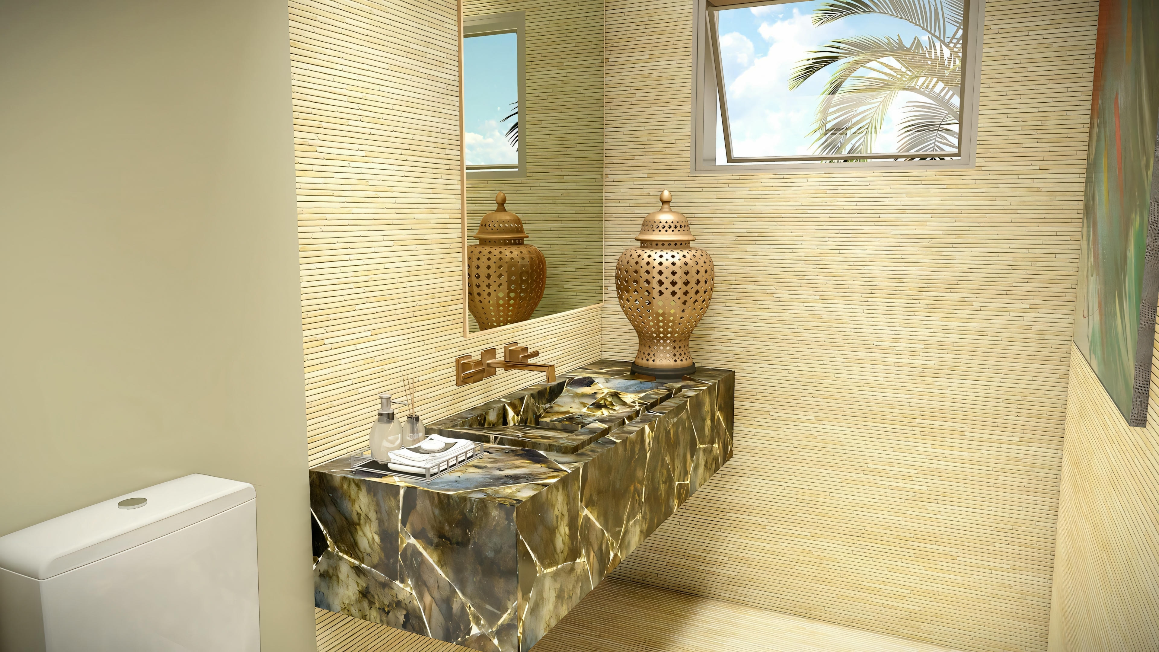 A bathroom with a large window.