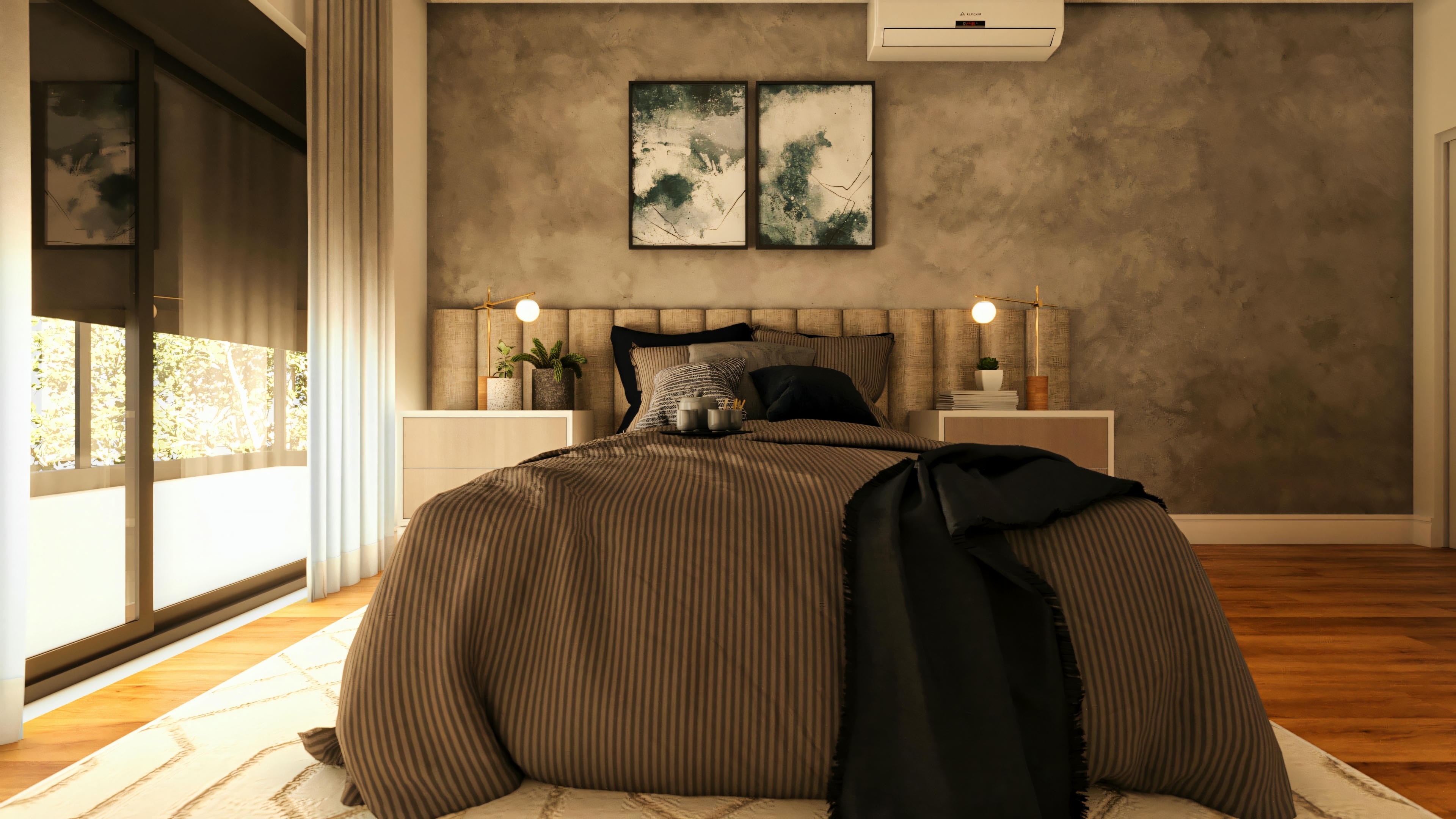 Bedroom with exposed concrete wall.