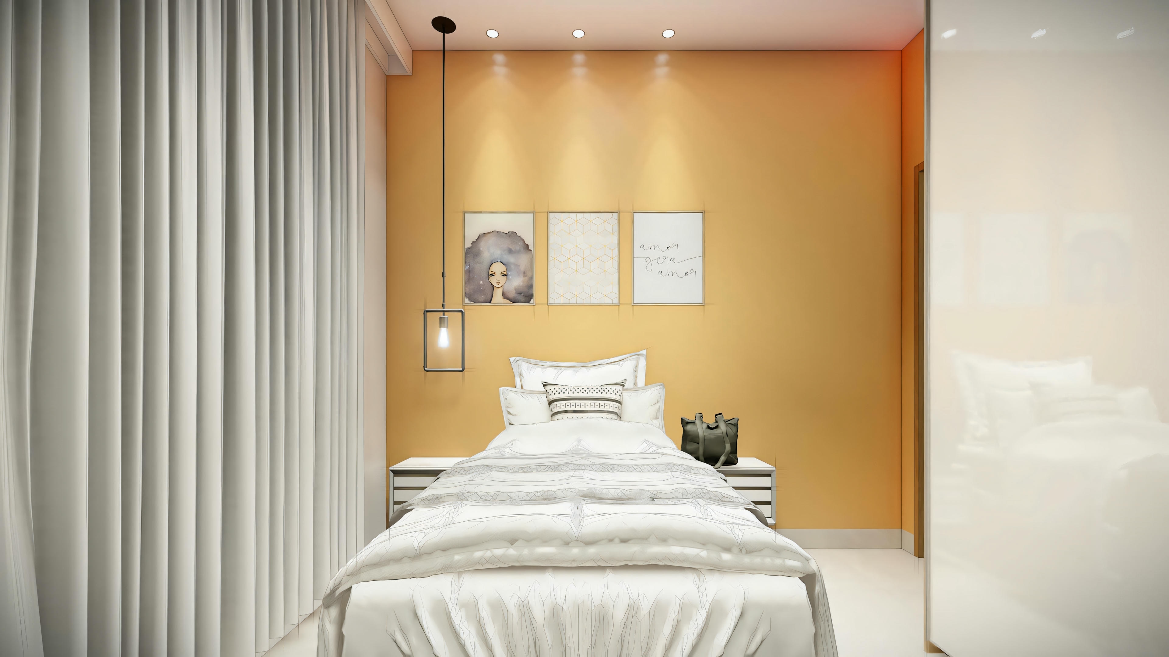A bedroom with a neatly made bed, light walls, curtains, and an air conditioning unit on the wall.