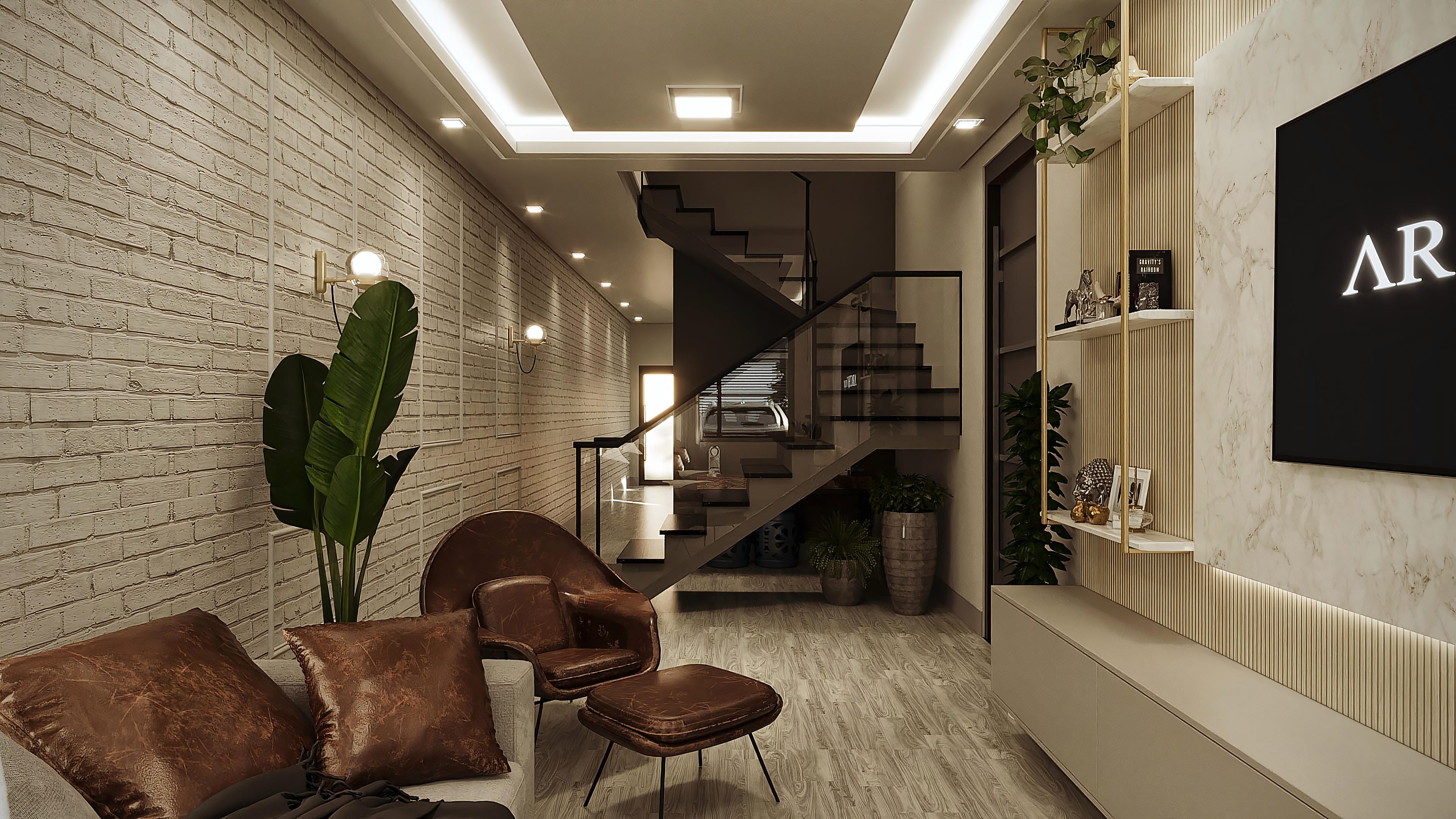 Interior moderno con pared de ladrillos blancos texturizados, iluminación empotrada y escalera flotante con barandilla de vidrio.