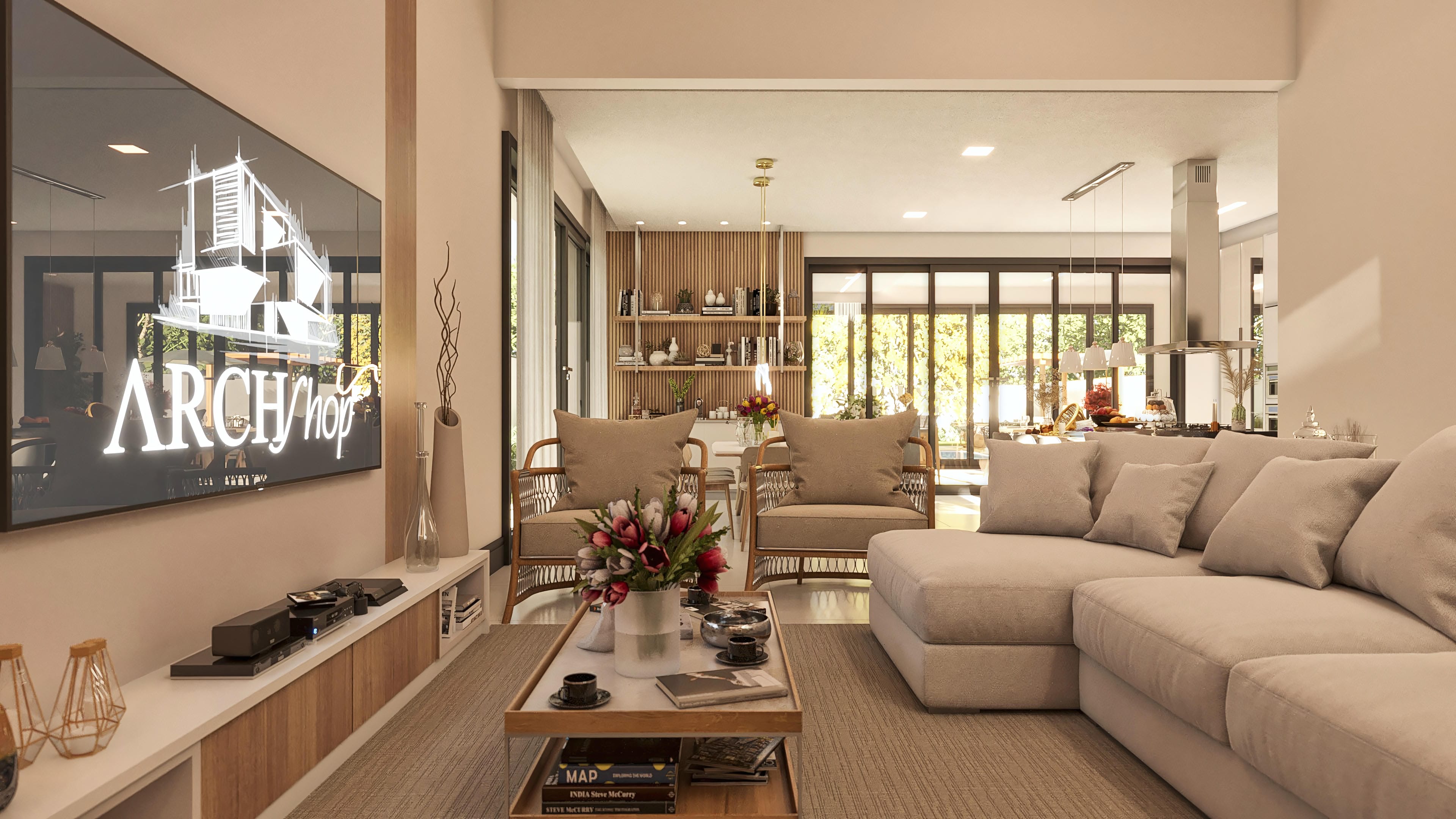 Interior de casa de una planta moderna con sala de estar integrada al comedor, muebles neutros, estantería de madera de listones y grandes ventanales acristalados que conectan con el ocio externo con área gourmet y piscina.