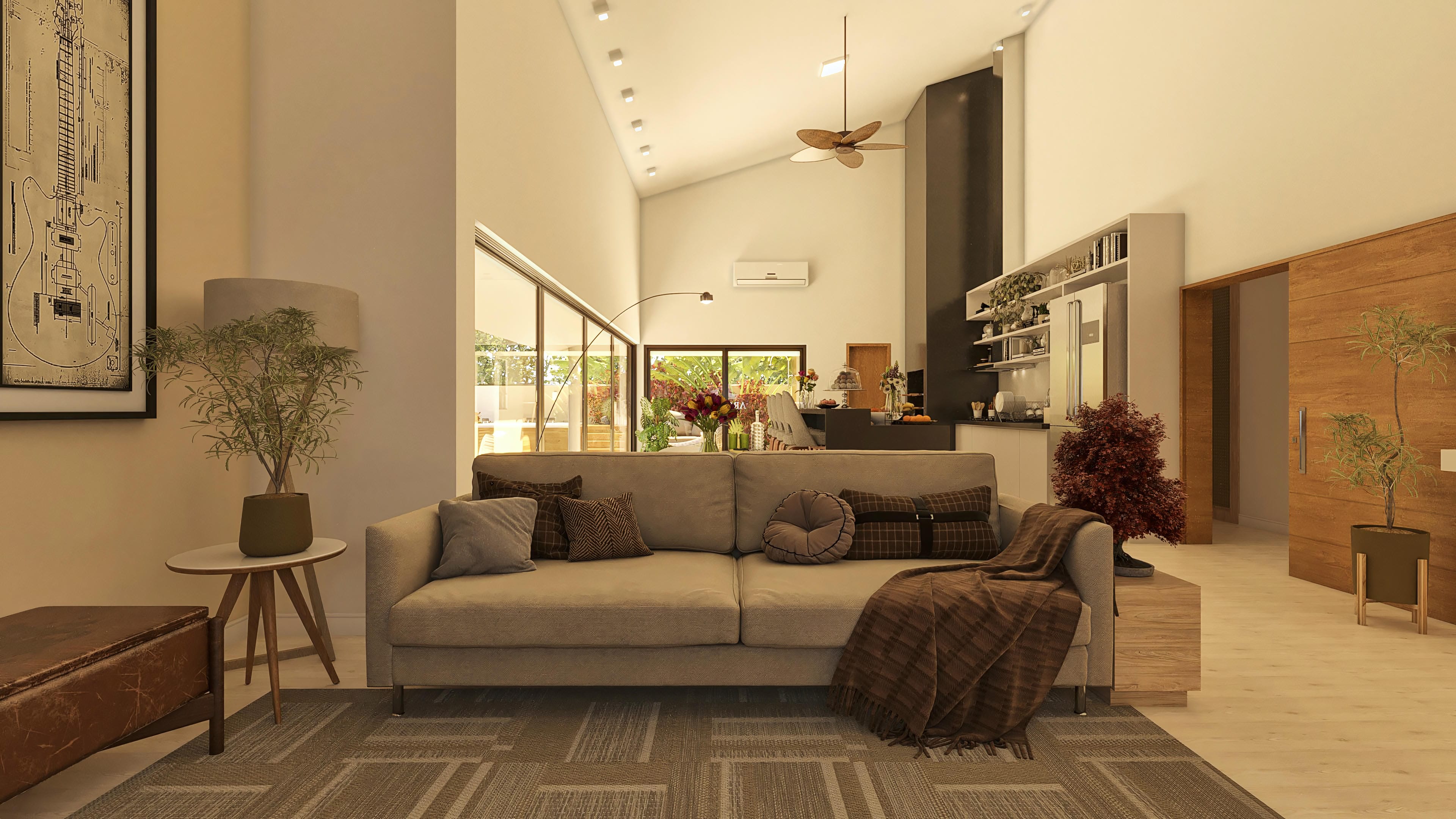 Interior de casa de una planta con sofá confortable, cocina gourmet integrada y área de recreación con hidromasaje visible al fondo.