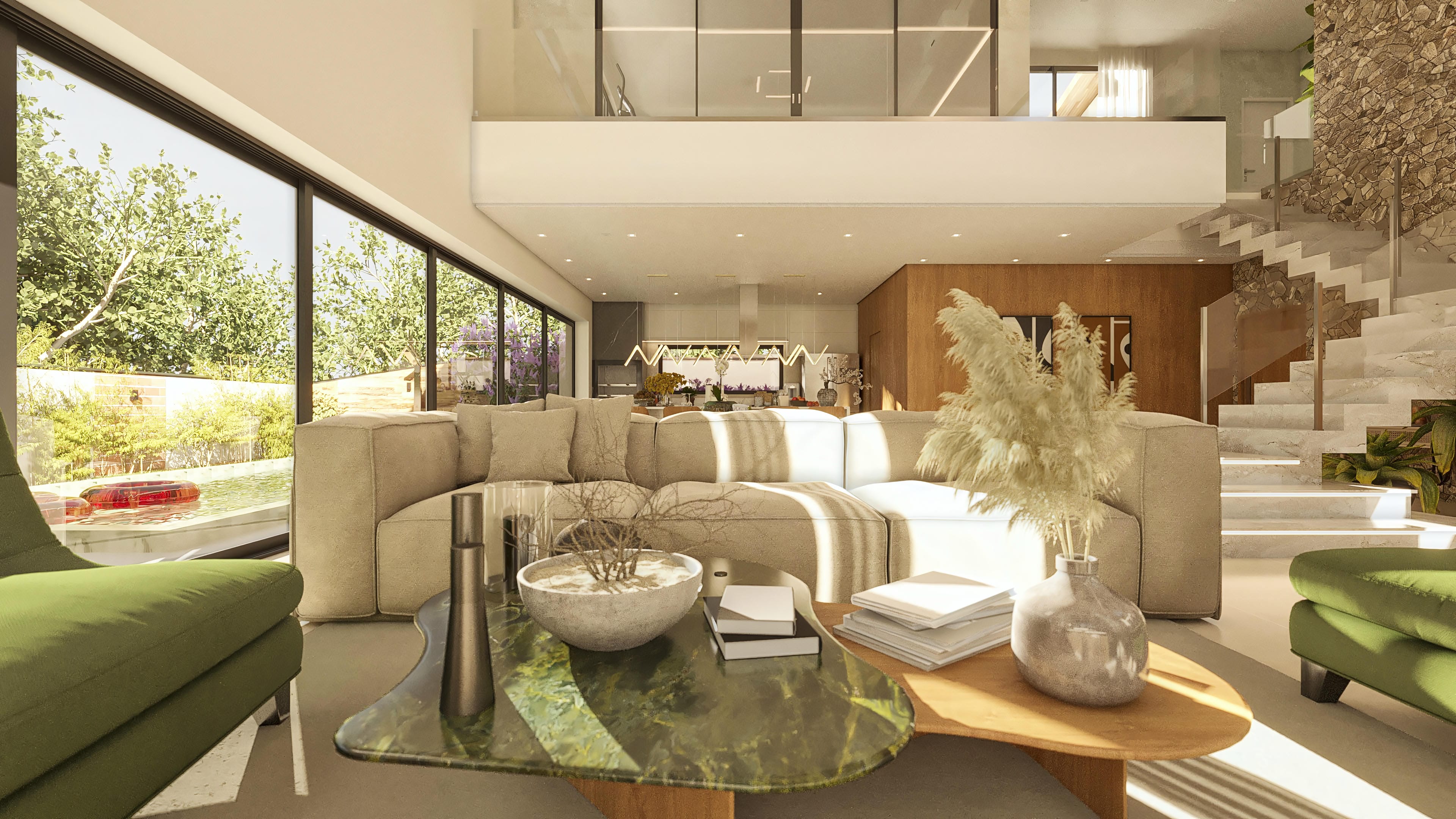 Interior de casa moderna con sala amplia, cocina integrada, escalera imponente de mármol y vista a la piscina y área gourmet.