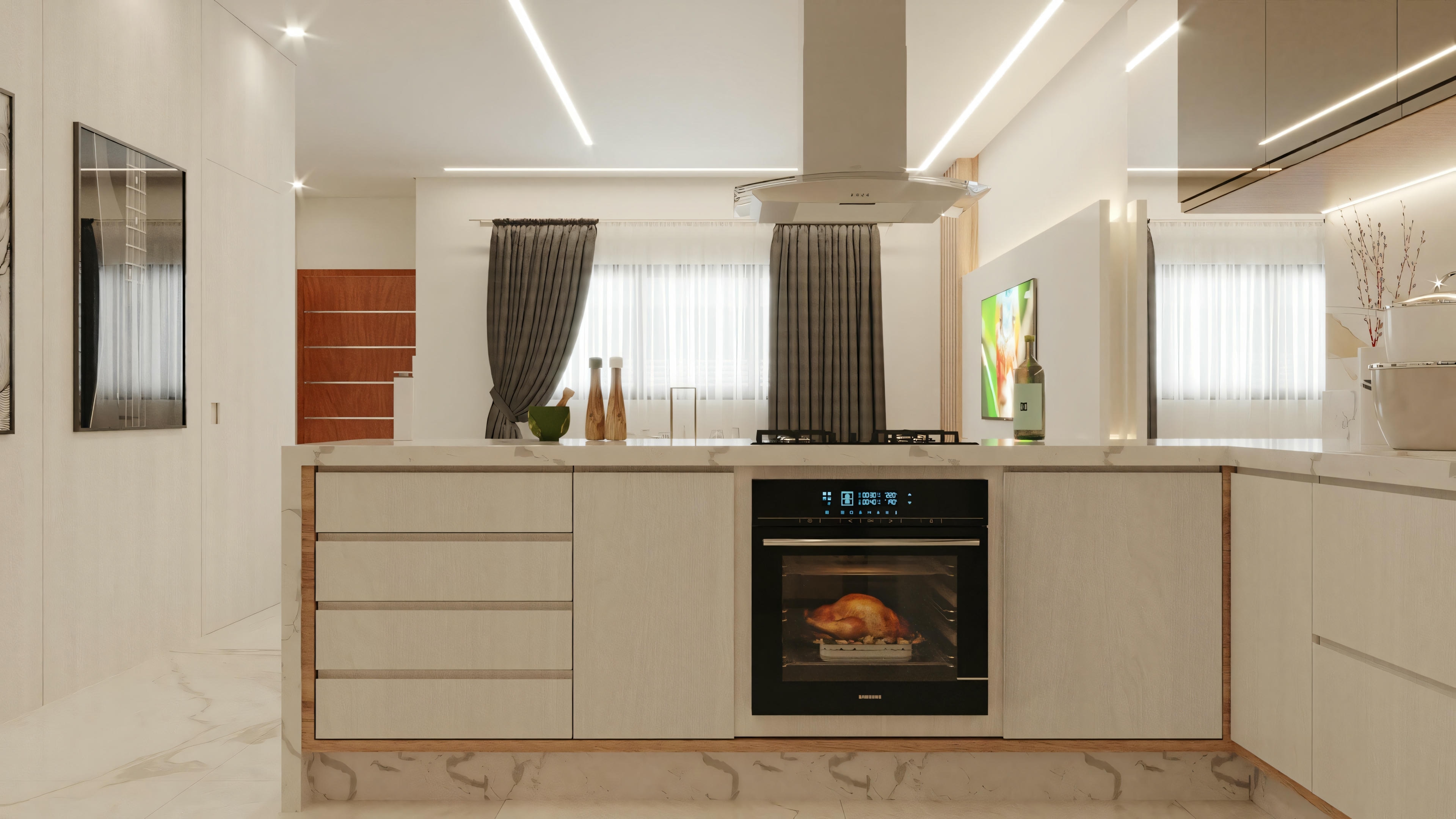 Una cocina moderna con azulejos azul oscuro, armarios blancos y horno empotrado.