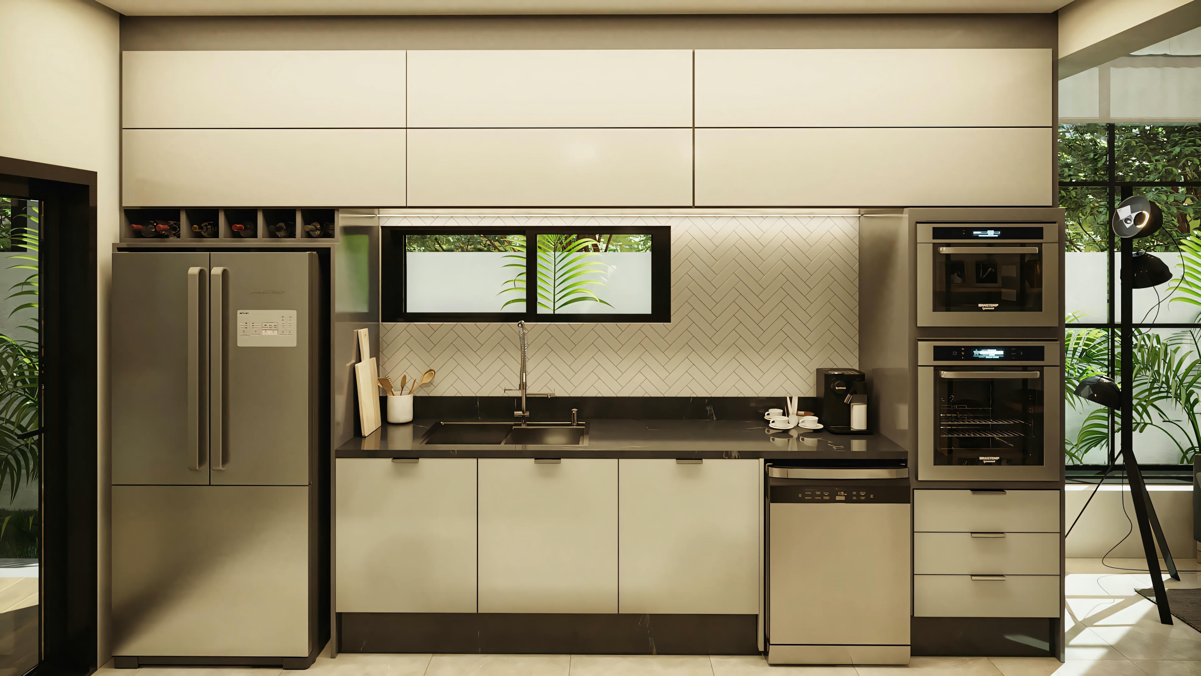 Cocina con armarios blancos, electrodomésticos de acero inoxidable e isla central.