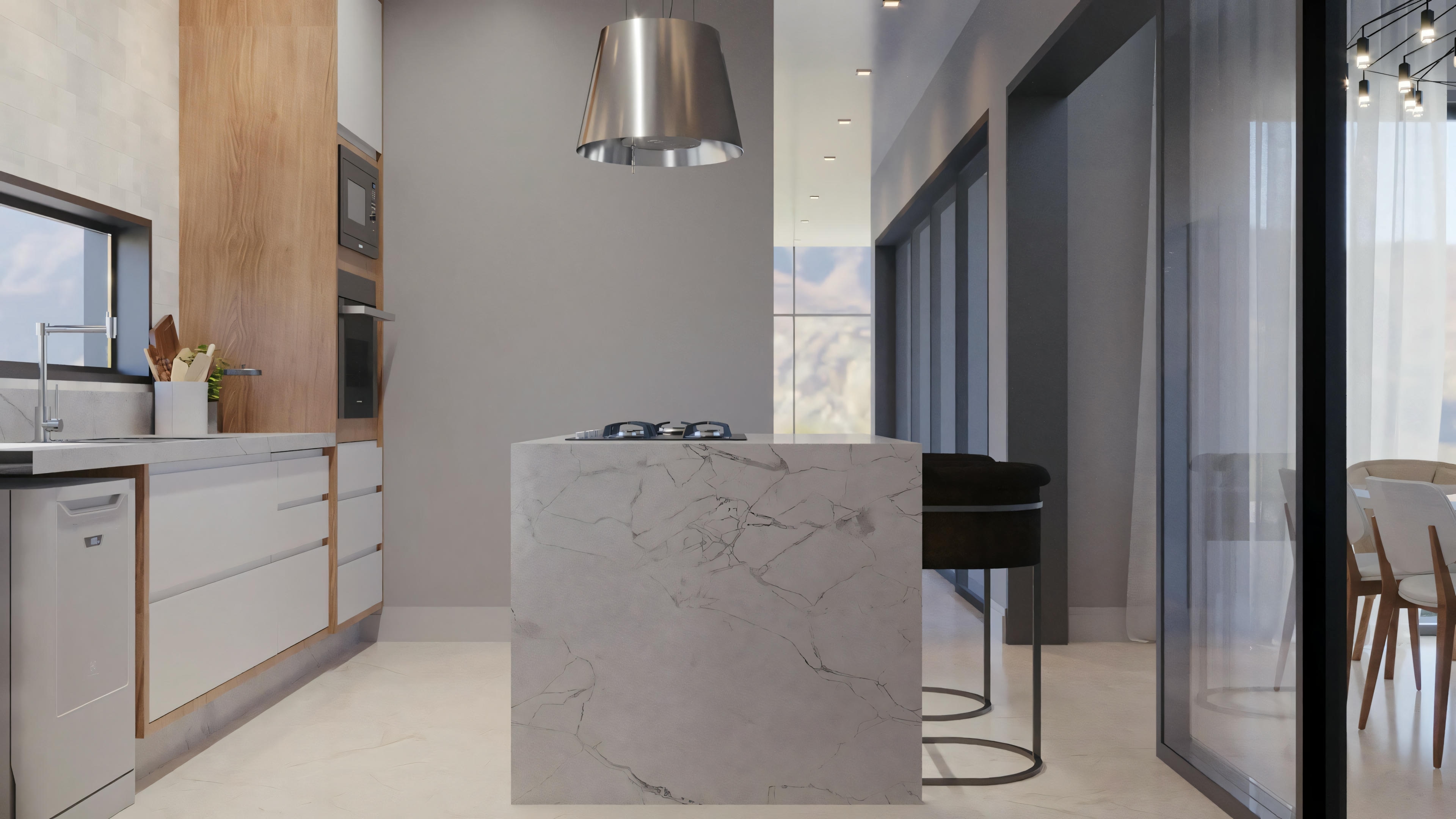 Cocina con electrodomésticos modernos, encimeras blancas, isla con banquetas y lámparas colgantes.