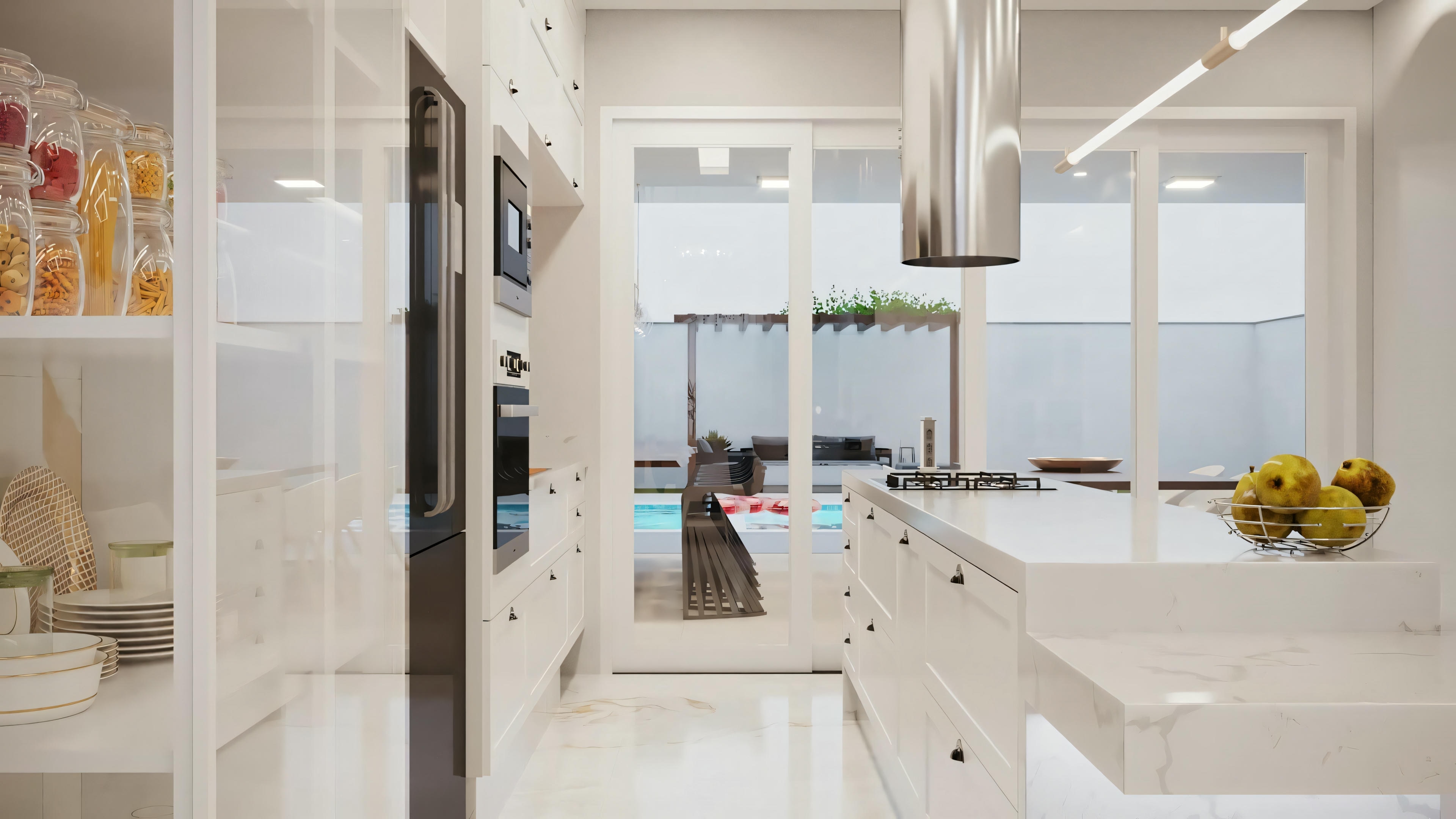 Cocina moderna con armarios blancos, encimera de mármol y electrodomésticos de acero inoxidable.