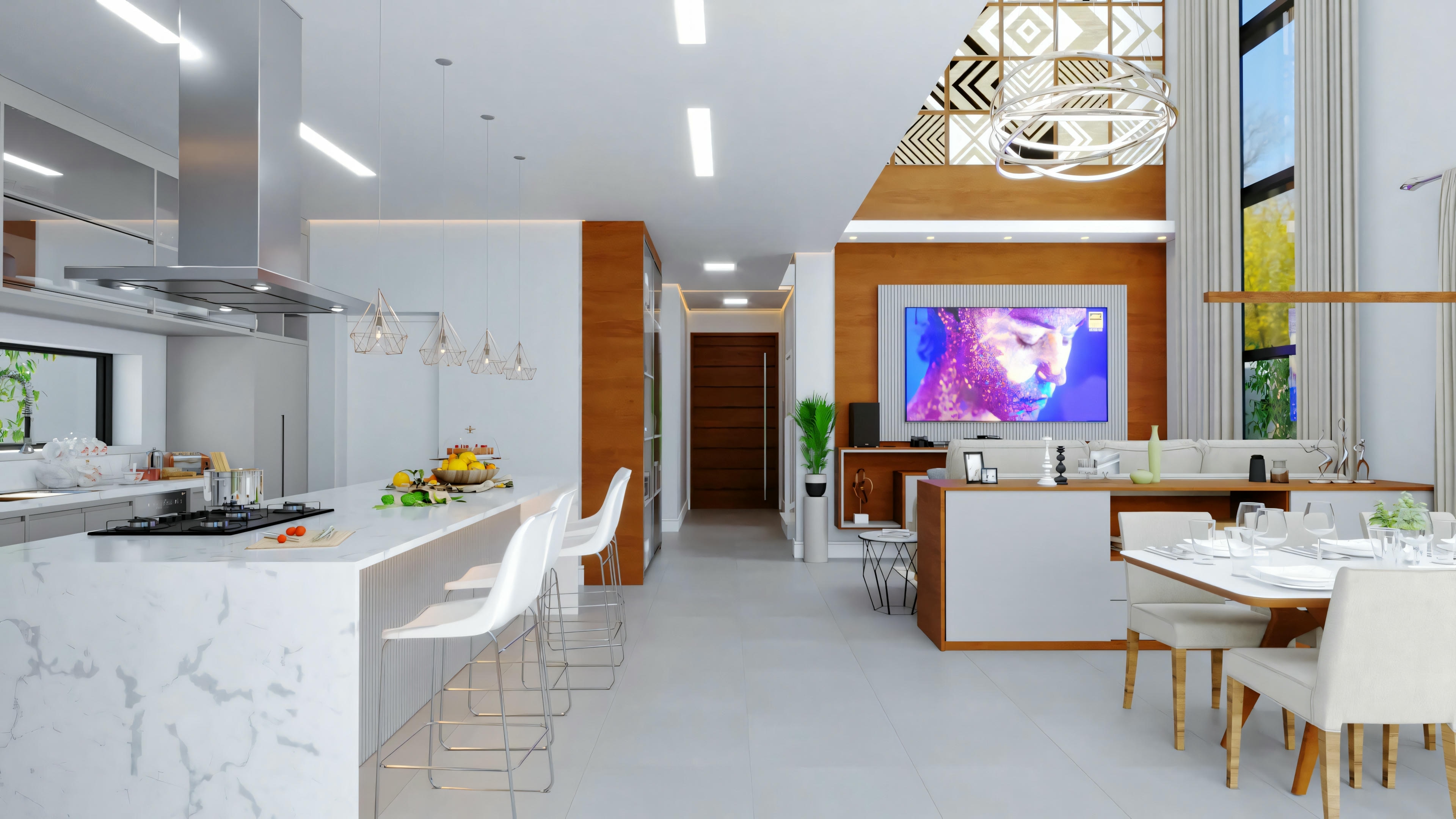 Una cocina moderna con armarios blancos y una isla central.