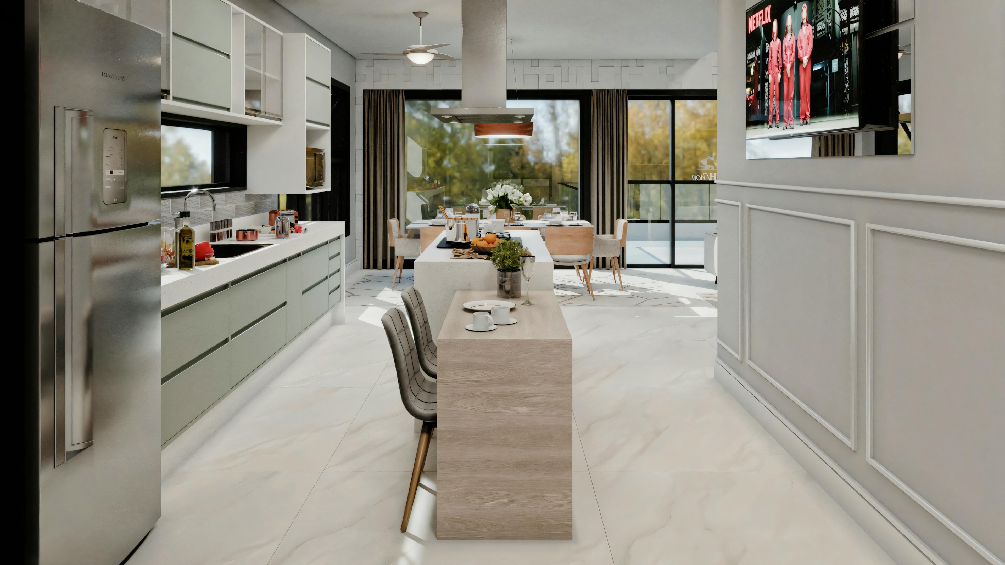 Cocina moderna con electrodomésticos de acero inoxidable, gabinetes blancos y vista a una sala de estar con sofá.