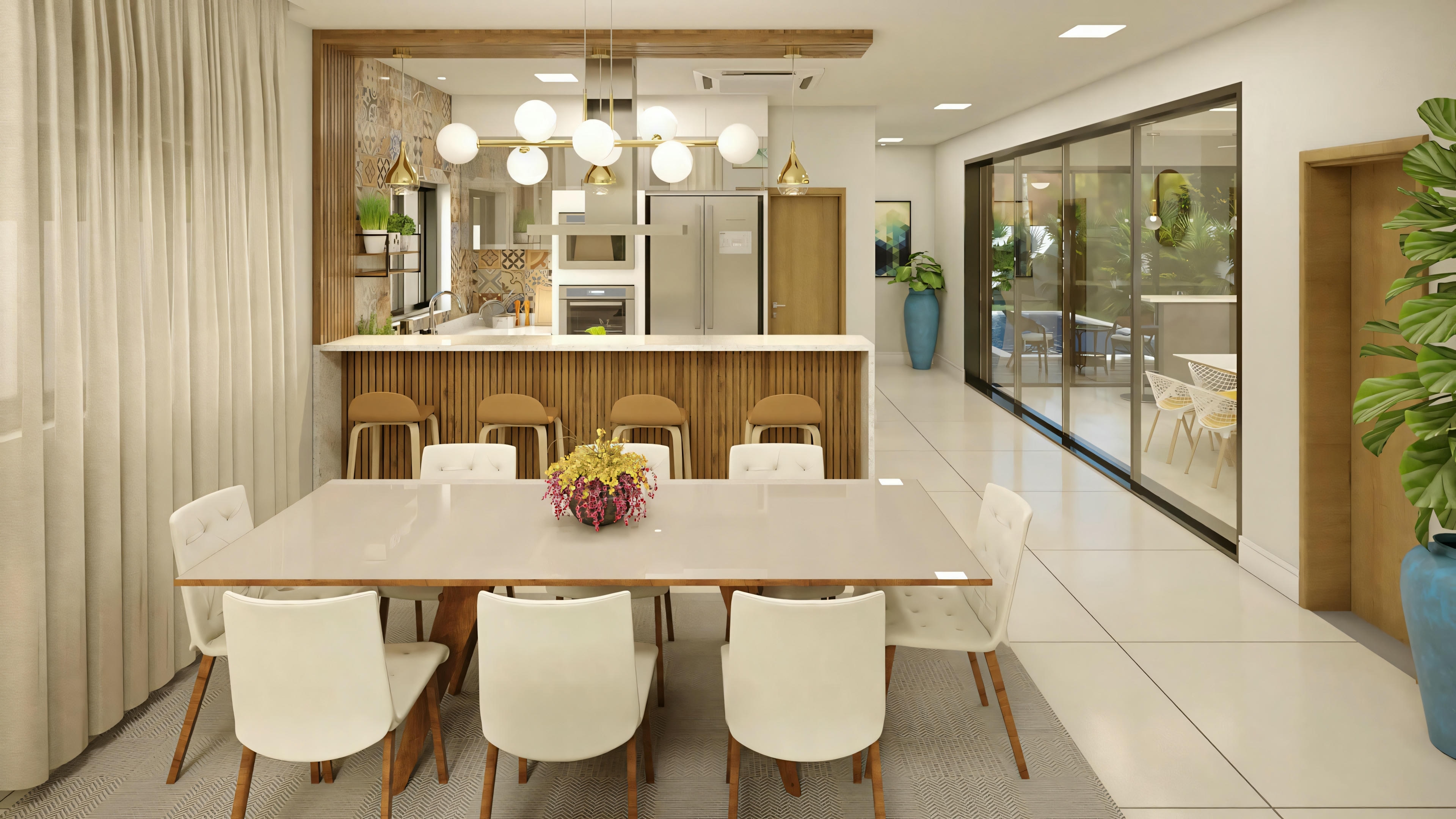 Un comedor con mesa larga para seis personas, sillas modernas y luminarias colgantes sobre la mesa.
