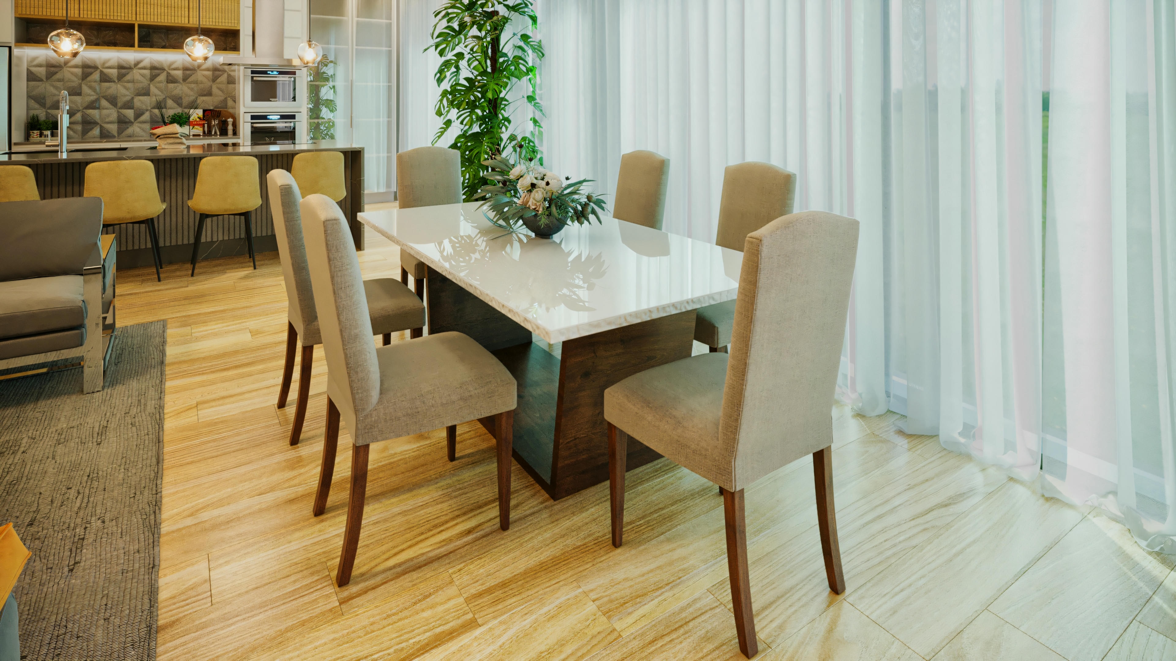 Detalle del comedor en casa de alto padrão con 3 suites, piscina y zona gourmet de lujo. La imagen destaca la mesa de comedor contemporánea, sillas confortables, iluminación natural abundante a través de grandes ventanas, y la integración con la cocina al fondo. Espacio ideal en una casa con piscina y zona gourmet.