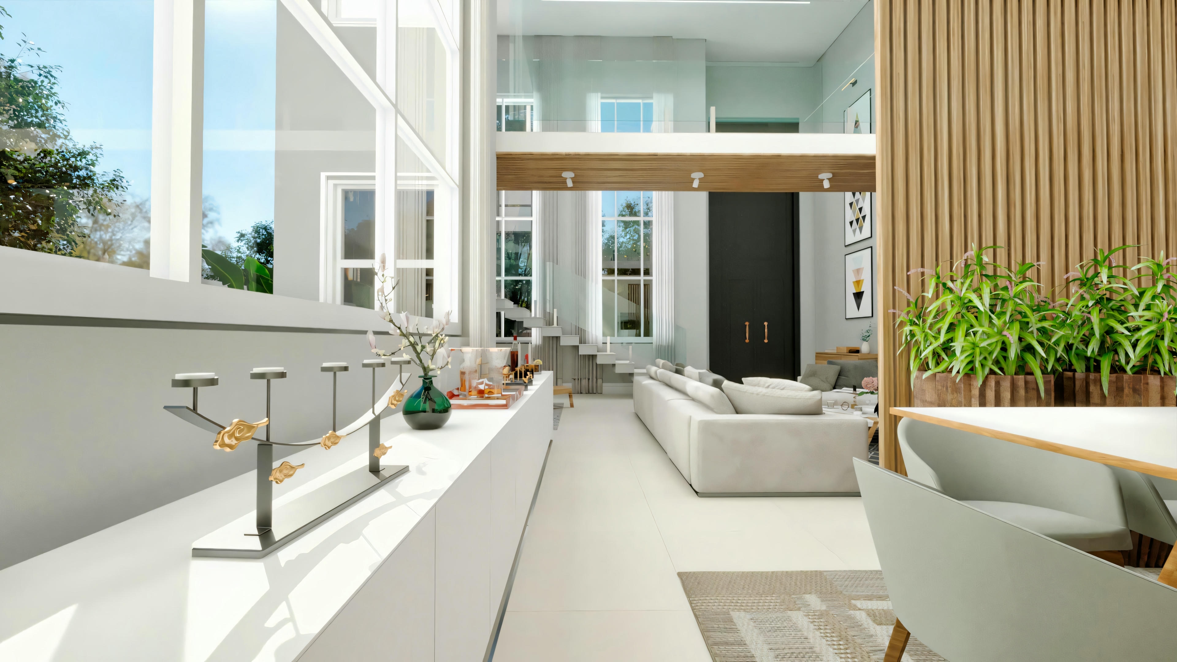 Vista del área de comedor integrada a la sala de estar con doble altura en casa neoclásica moderna, mostrando buffet blanco y vista al living.