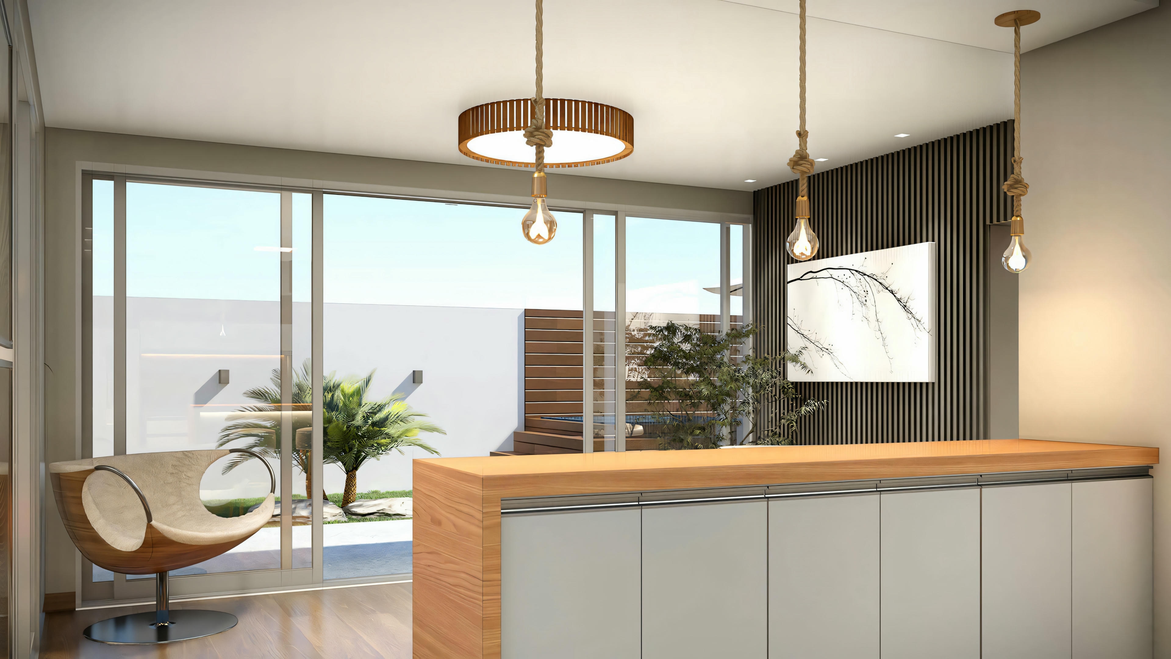 Cocina moderna con armarios y estanterías de madera.