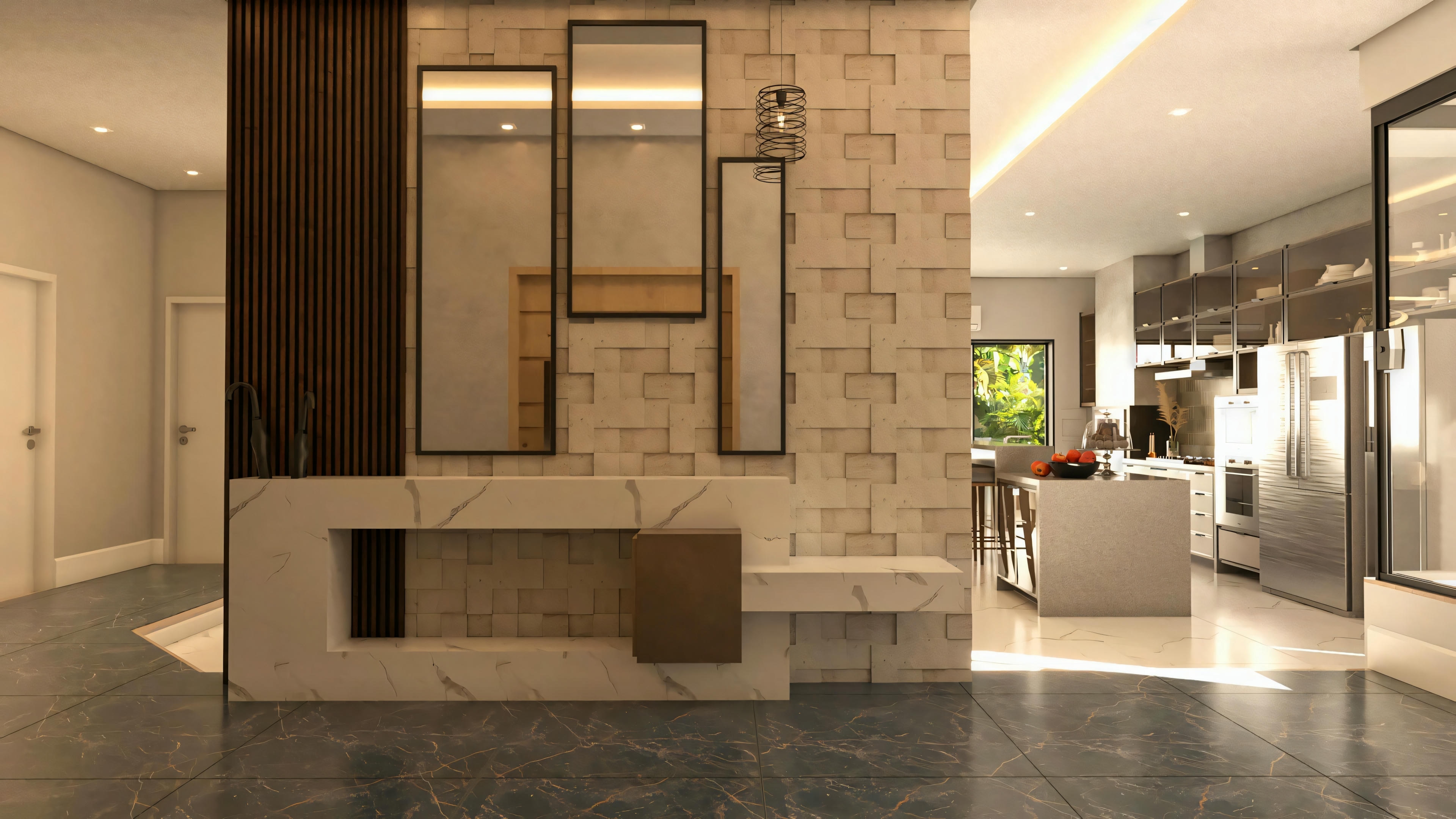 Detail of the entrance hall or room divider in a bungalow house project with 3 suites; wall with 3D cladding, slatted panel, mirrors, and stone countertop.
