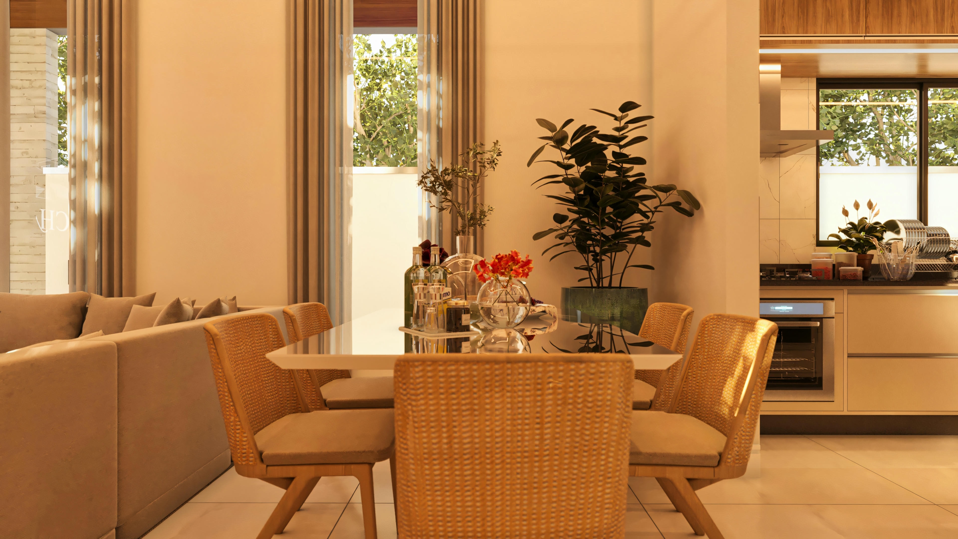 Dining room with table and fiber chairs, integrated with the modern kitchen in the background. Part of a house with 3 bedrooms, 2 suites, and a gourmet area.