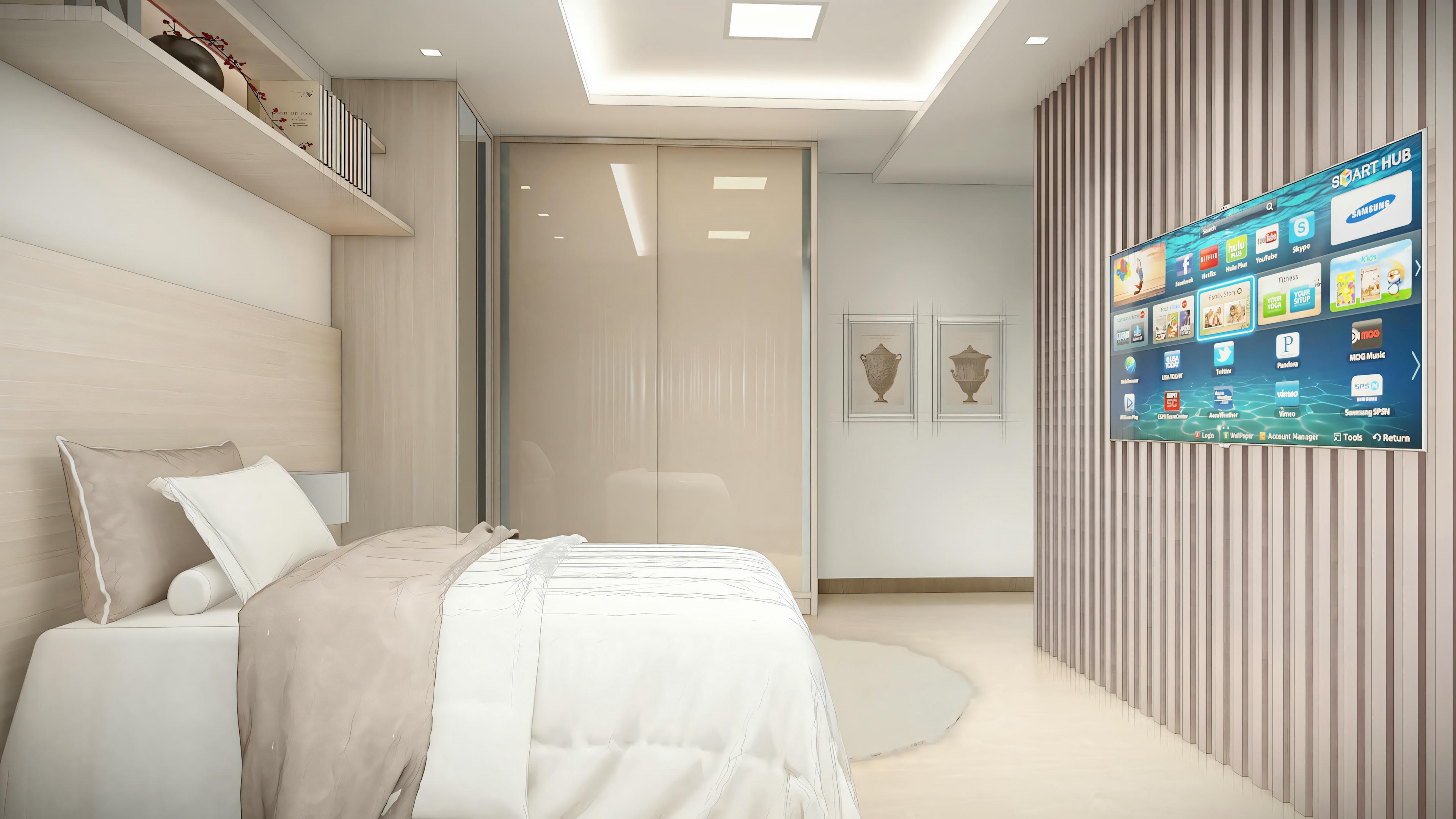 Dormitorio moderno con cama grande, mesitas de noche y pantalla digital montada en la pared mostrando varias aplicaciones coloridas.